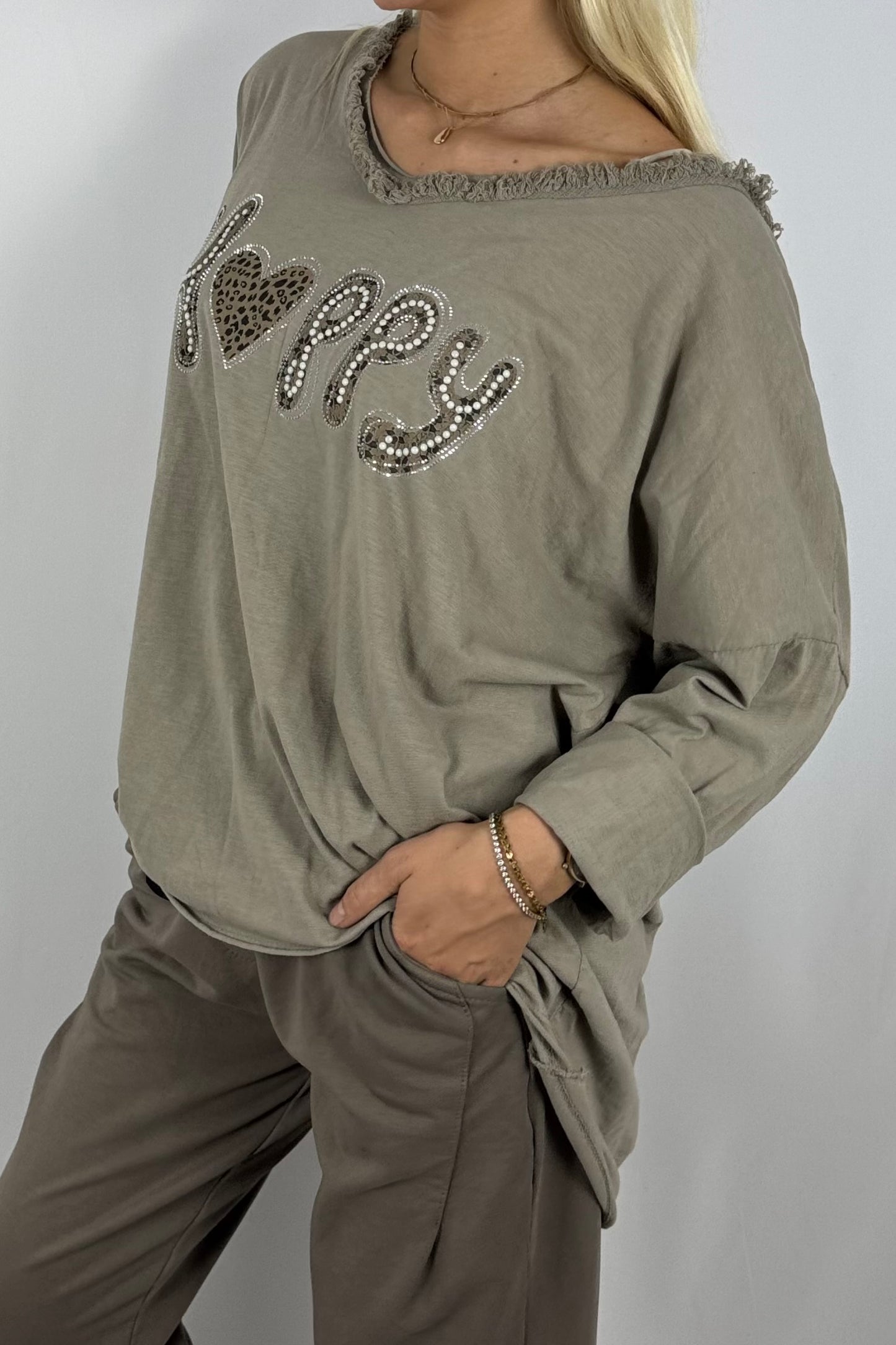 Damen Oversize Shirt – Happy Print-Mud