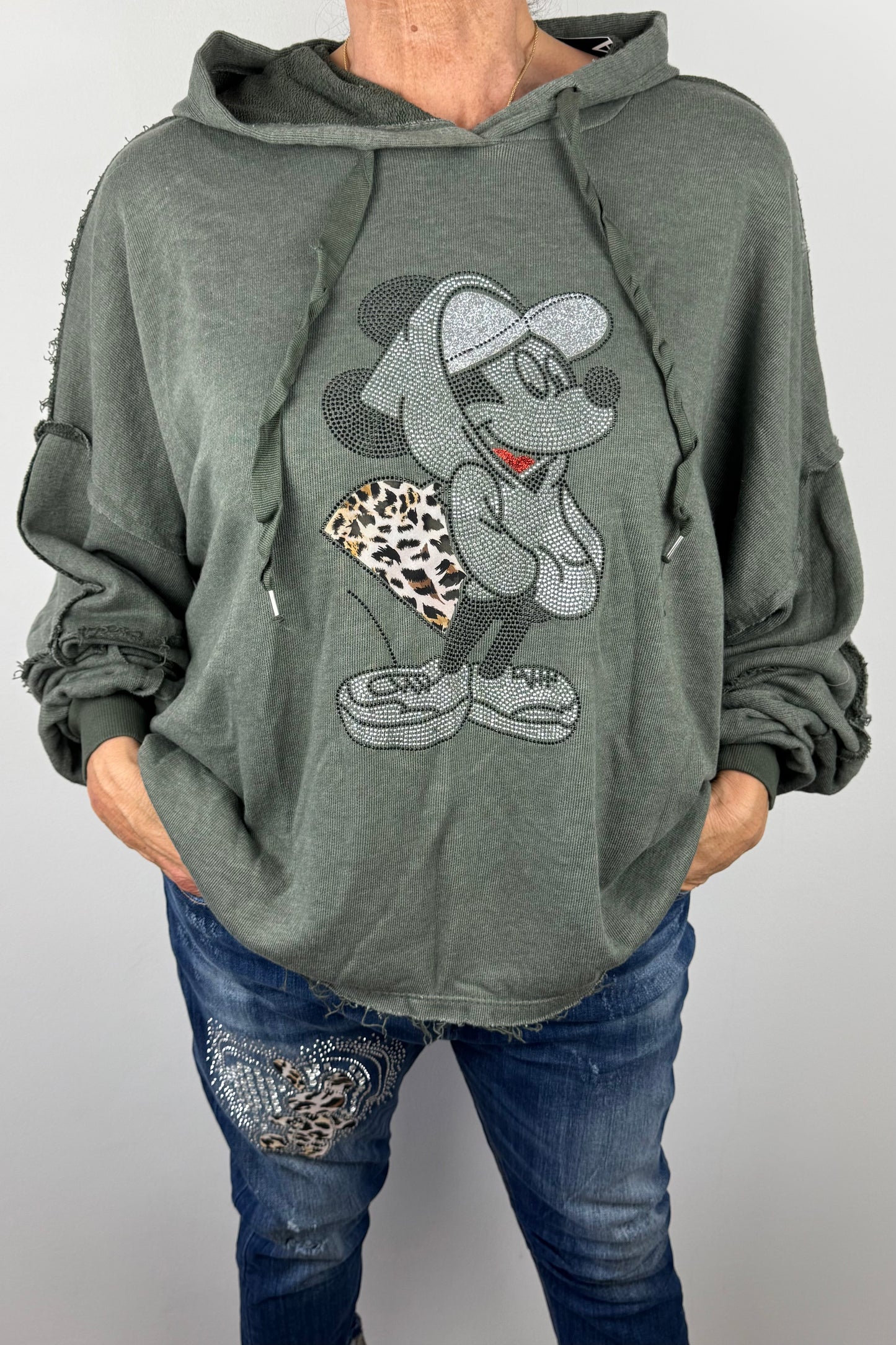 Damen Hoodie mit Glitzer-Motiv & Animal-Print-Detai