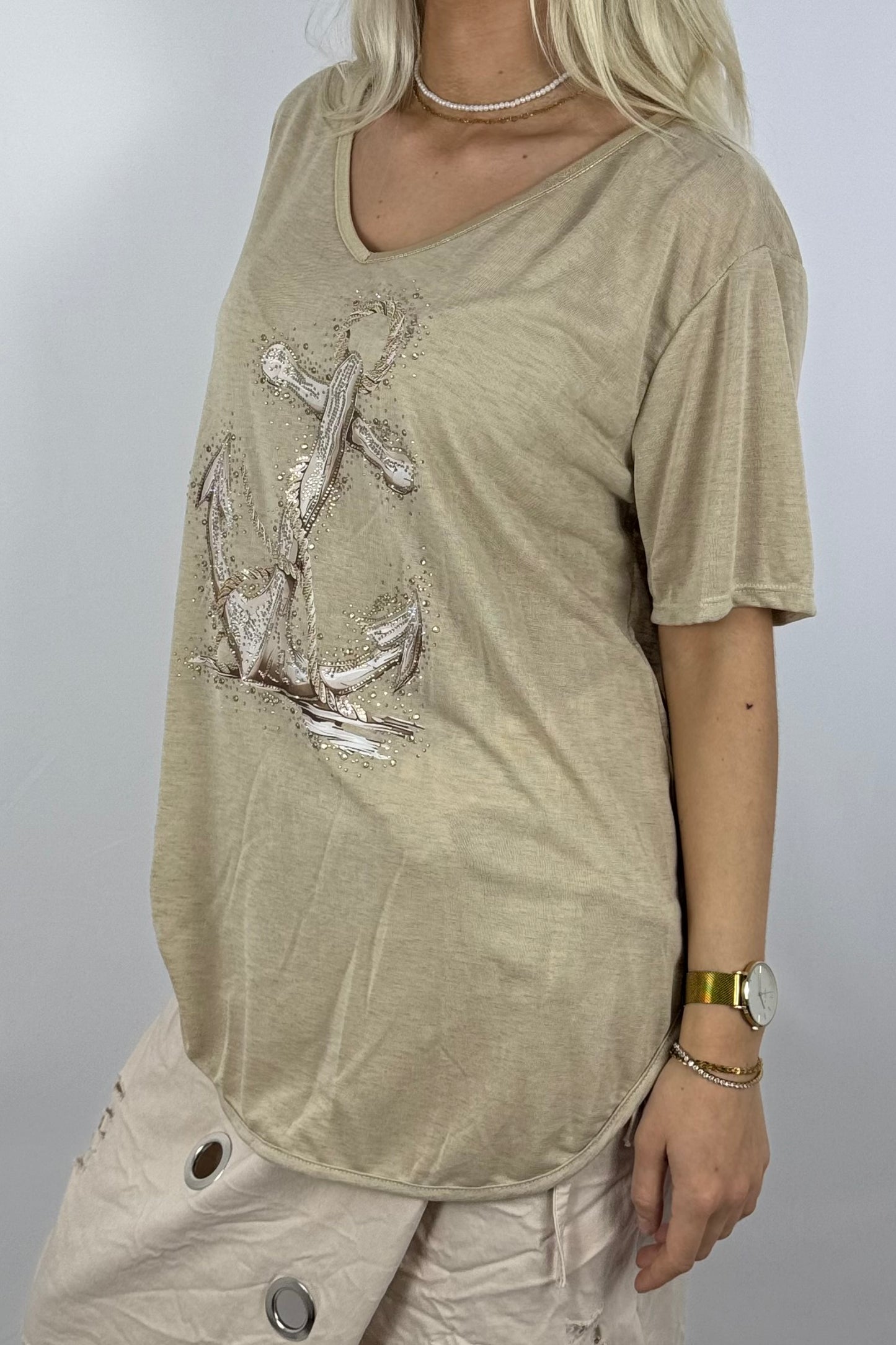 Oversize-Shirt mit Anker-Print & Golddetails-Safari
