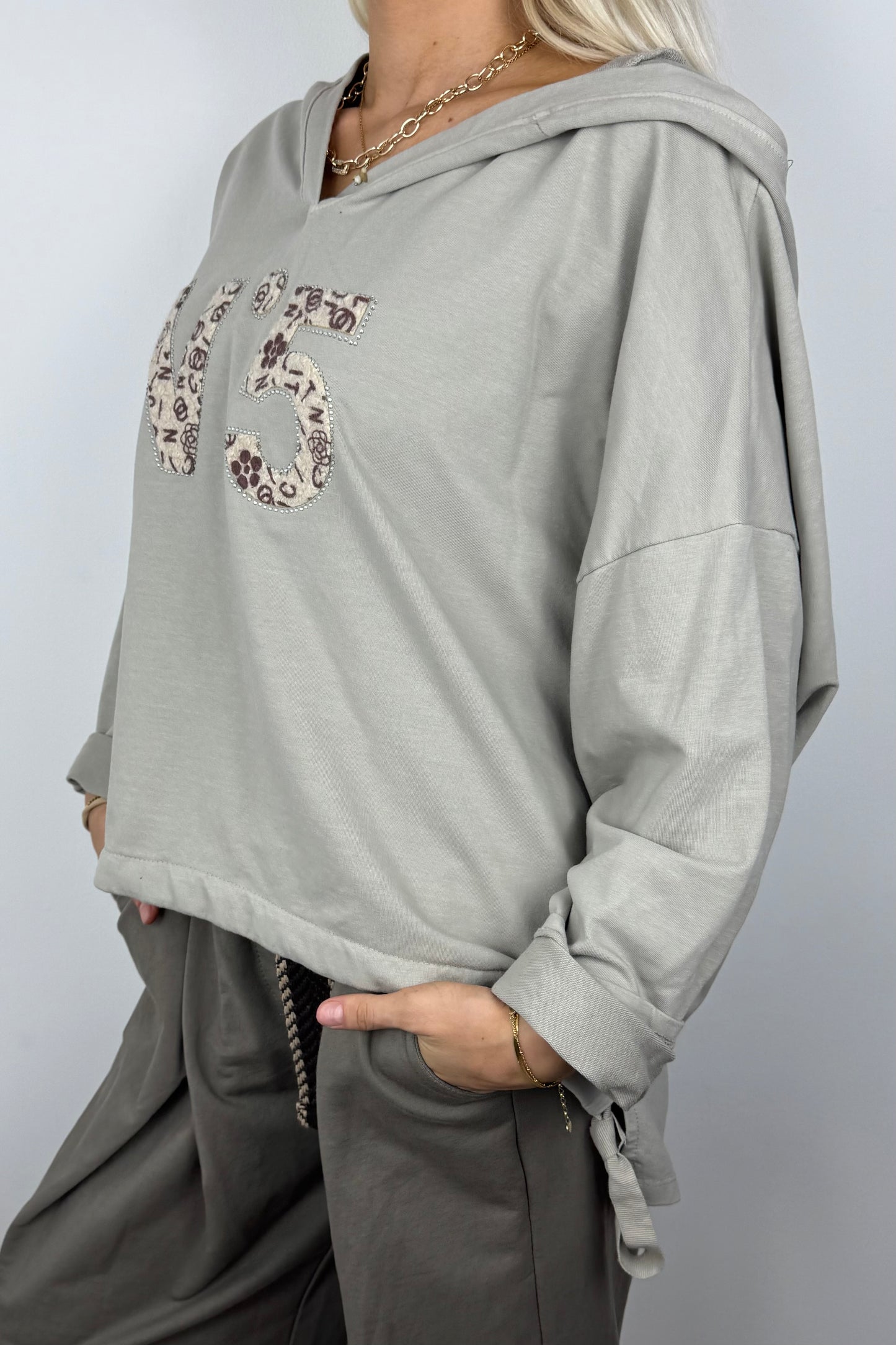 Hoodie mit Print-Detail und Bindeband-Beige