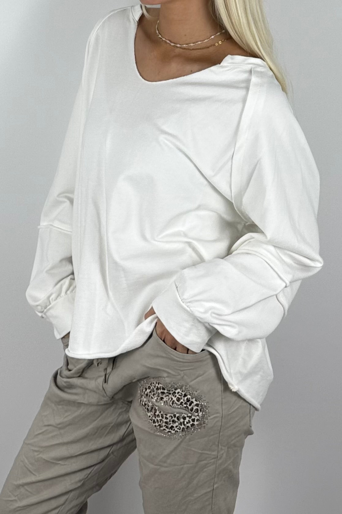 Damen Oversize-Sweatshirt mit V-Ausschnitt-Weiß
