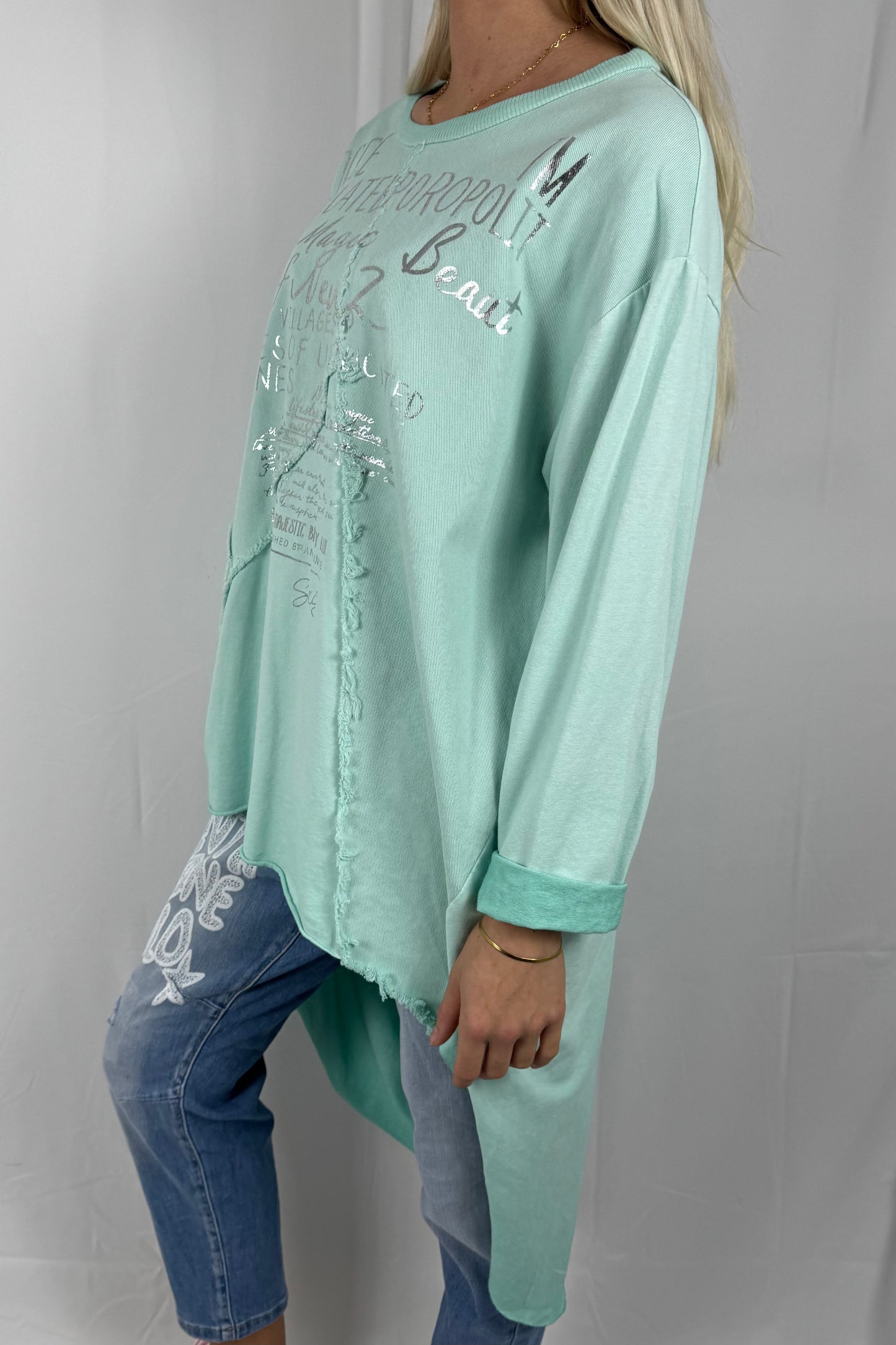 Damen Oversize Longshirt mit Schrift Print-Mint