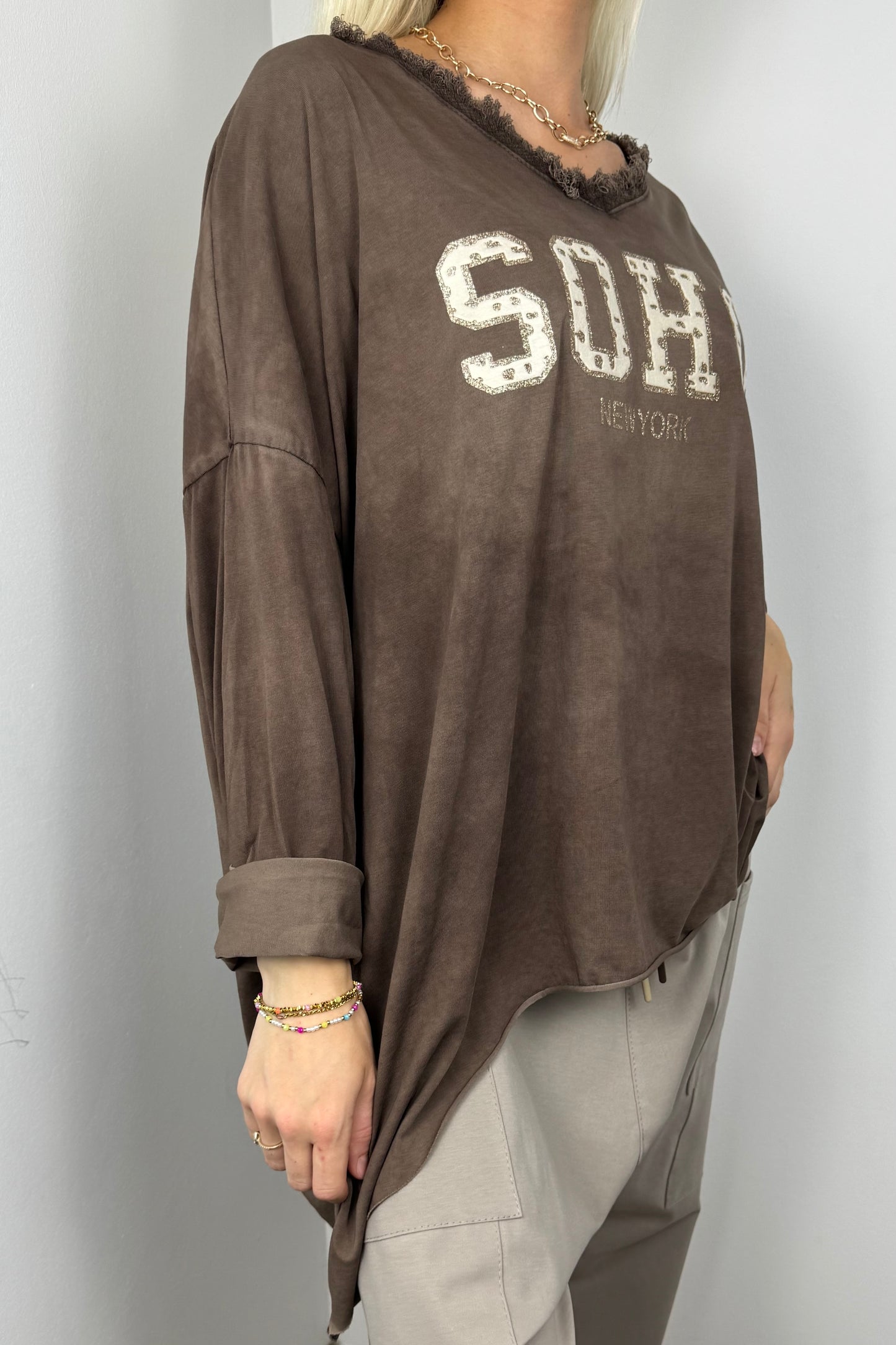 Oversize Shirt „SOHO New York“ mit Fransen-Detail-Choco
