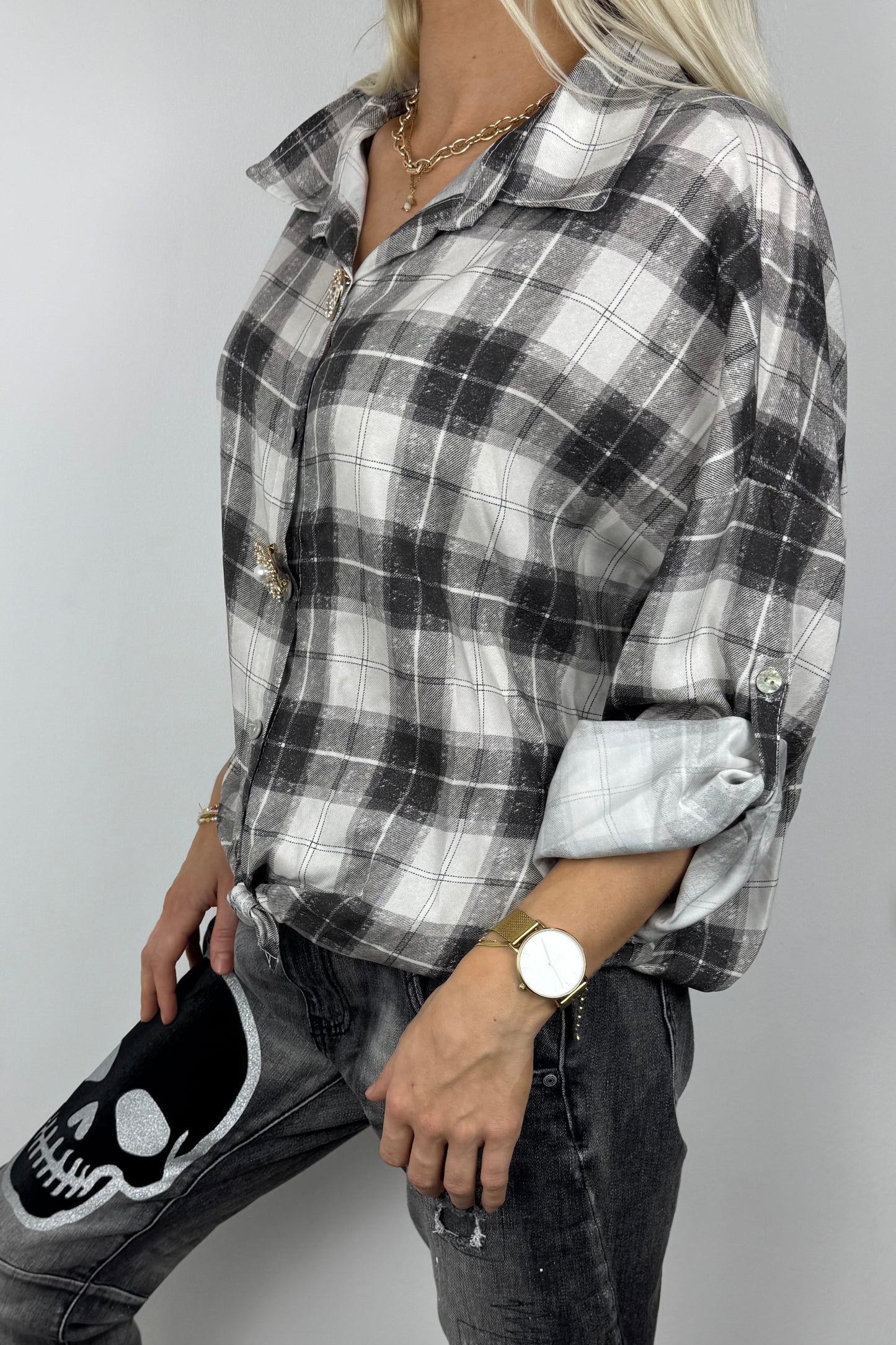 Leichte Karobluse mit Knotendetail – Grey