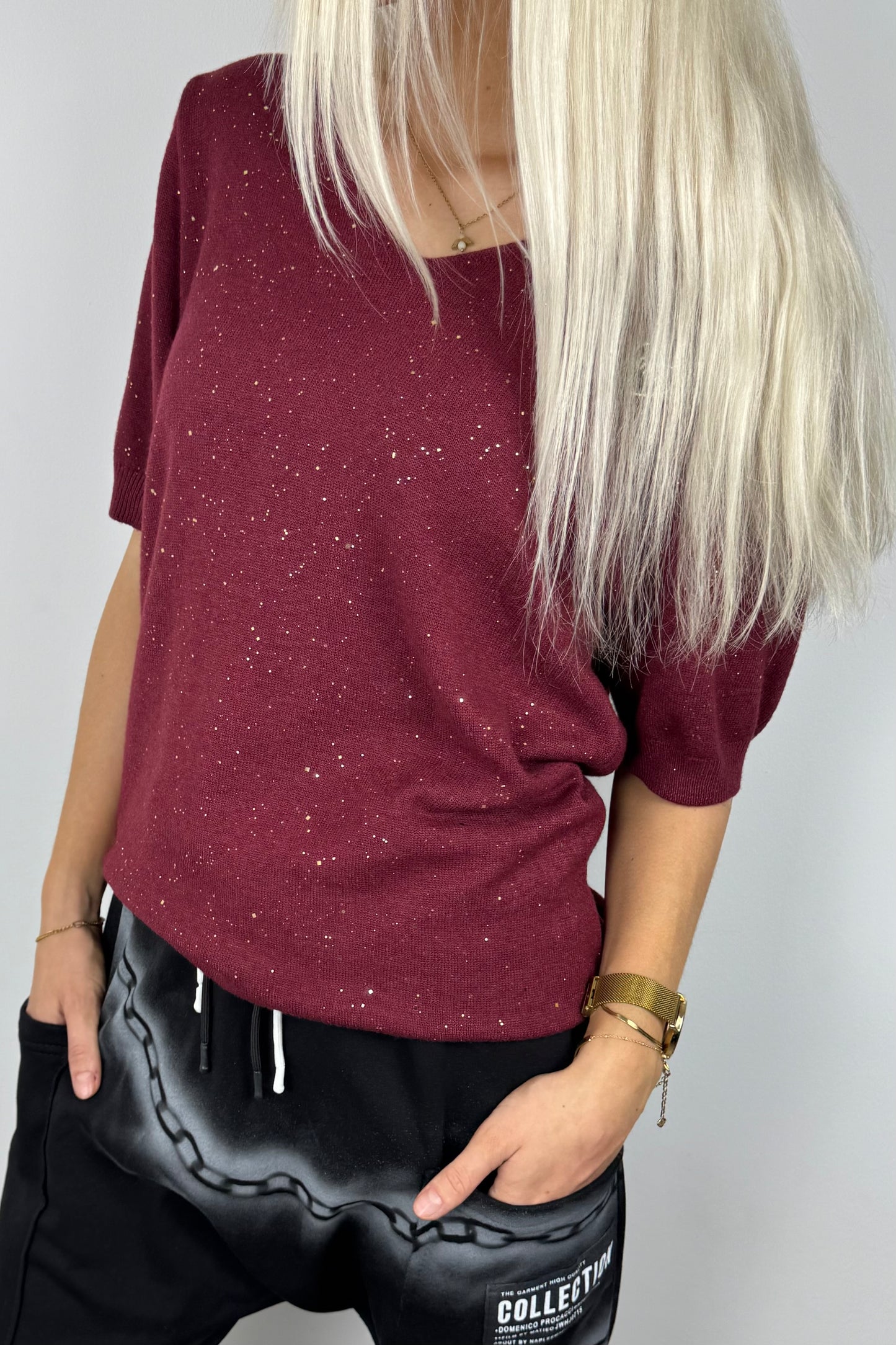 Damen Shirt mit Herz-Detail und Glitzer-Akzenten -Bordeux