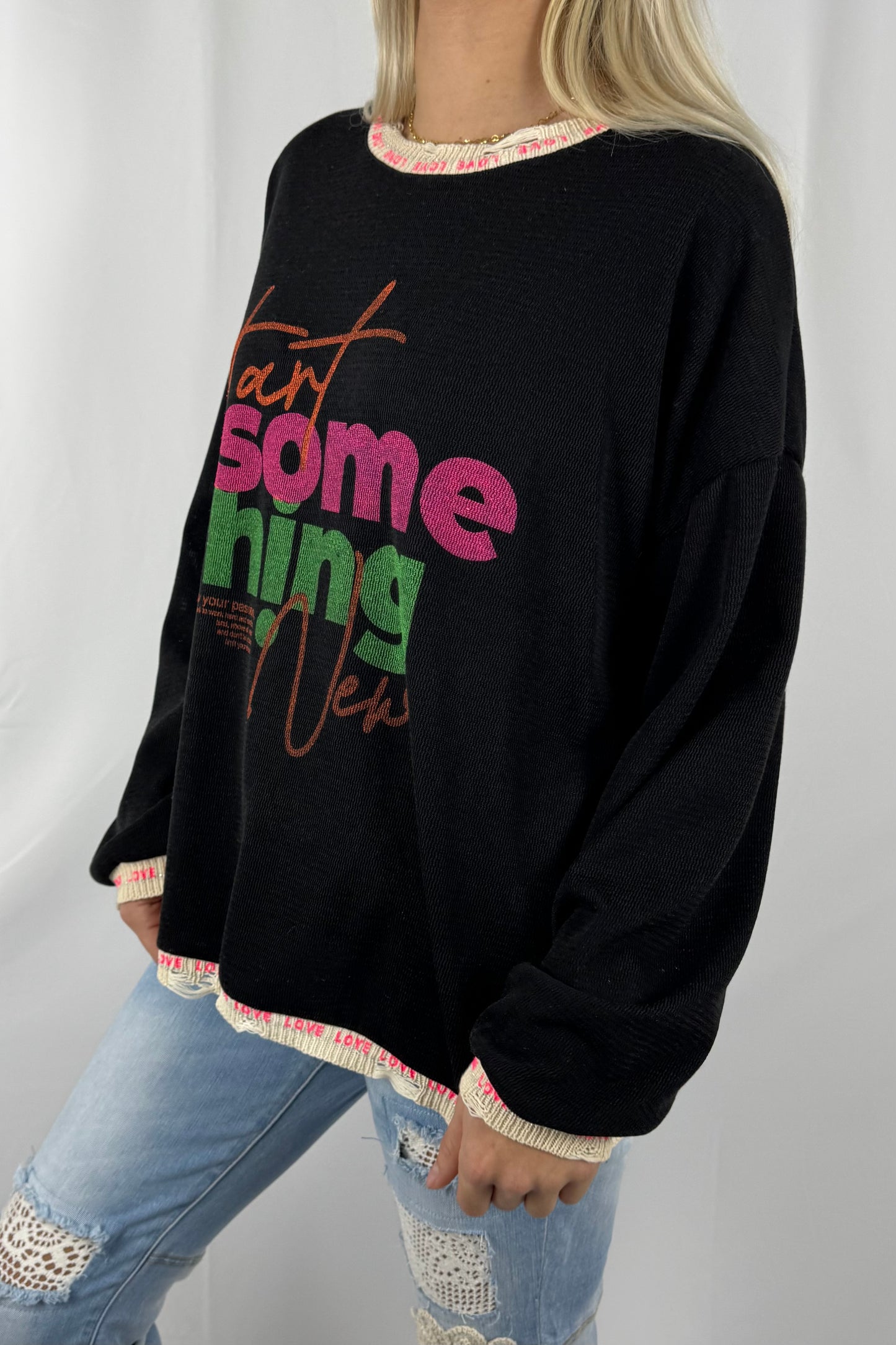 Oversize Shirt mit Schriftzug „Start Something New“-Schwarz