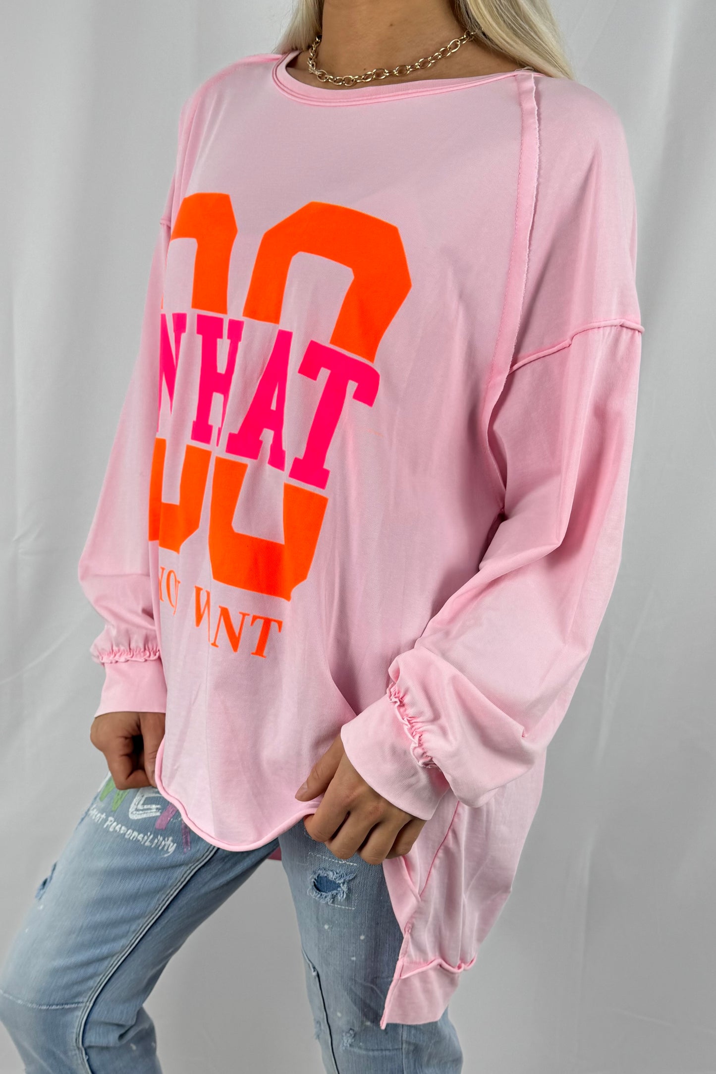 Shirt mit „DO WHAT YOU WANT“ Statement-Print- Rosa