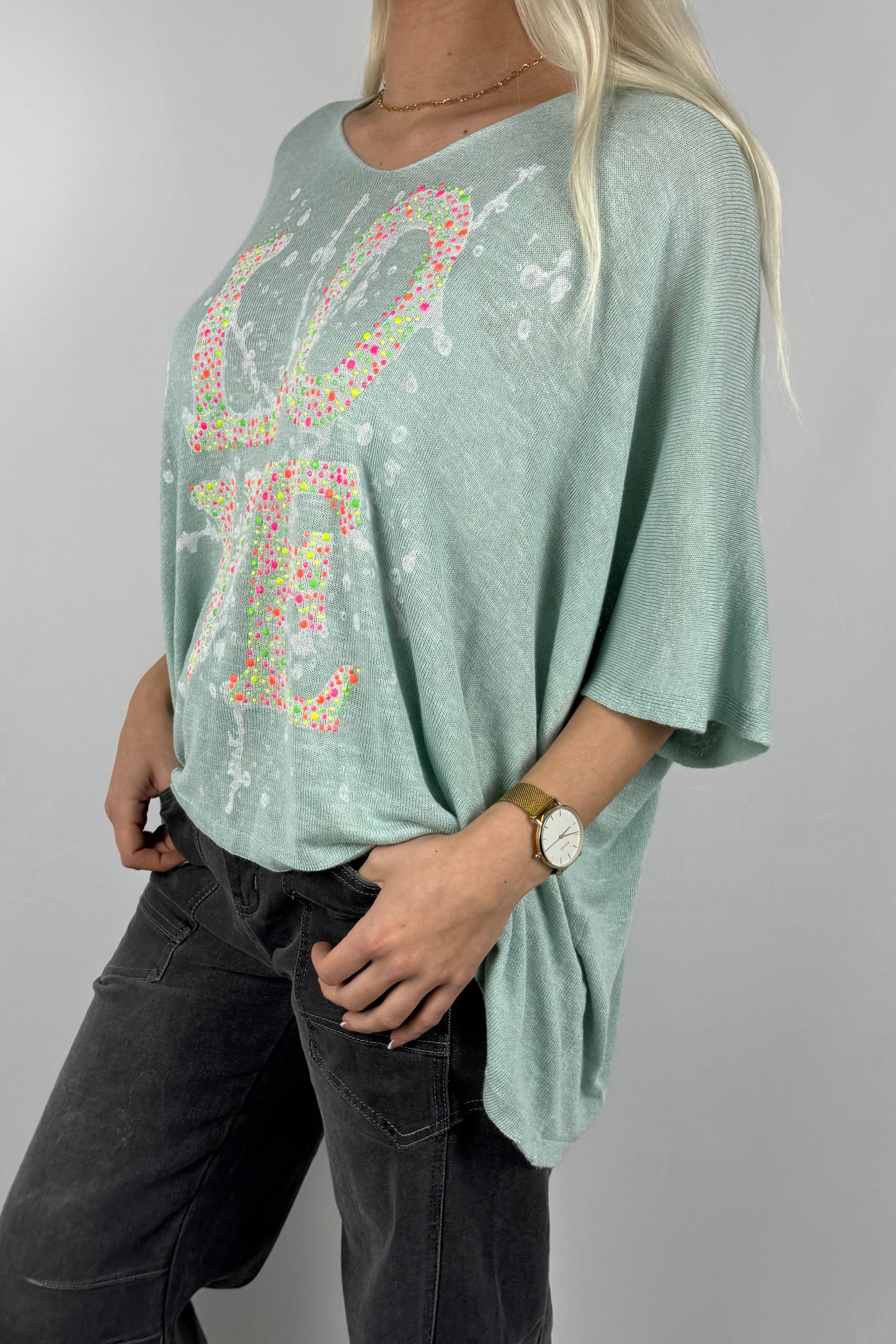 Strickshirt LOVE mit Strass Details Damen-Mint