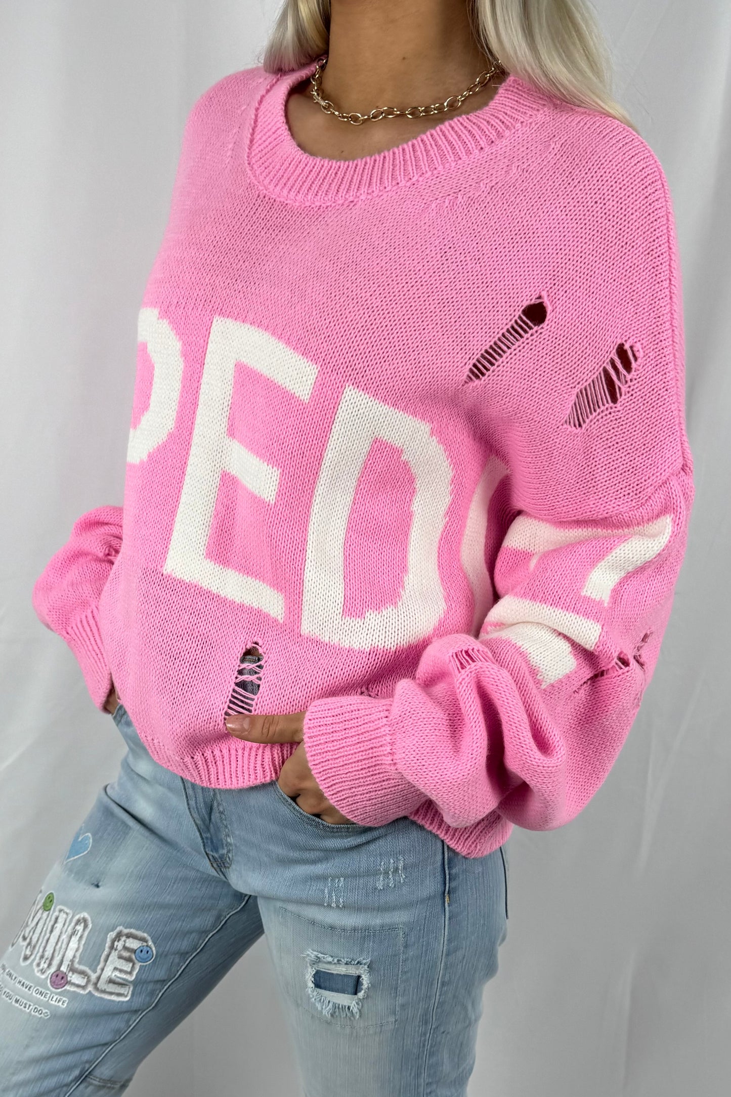Strickshirt mit Schrift-Design-Barbie Pink