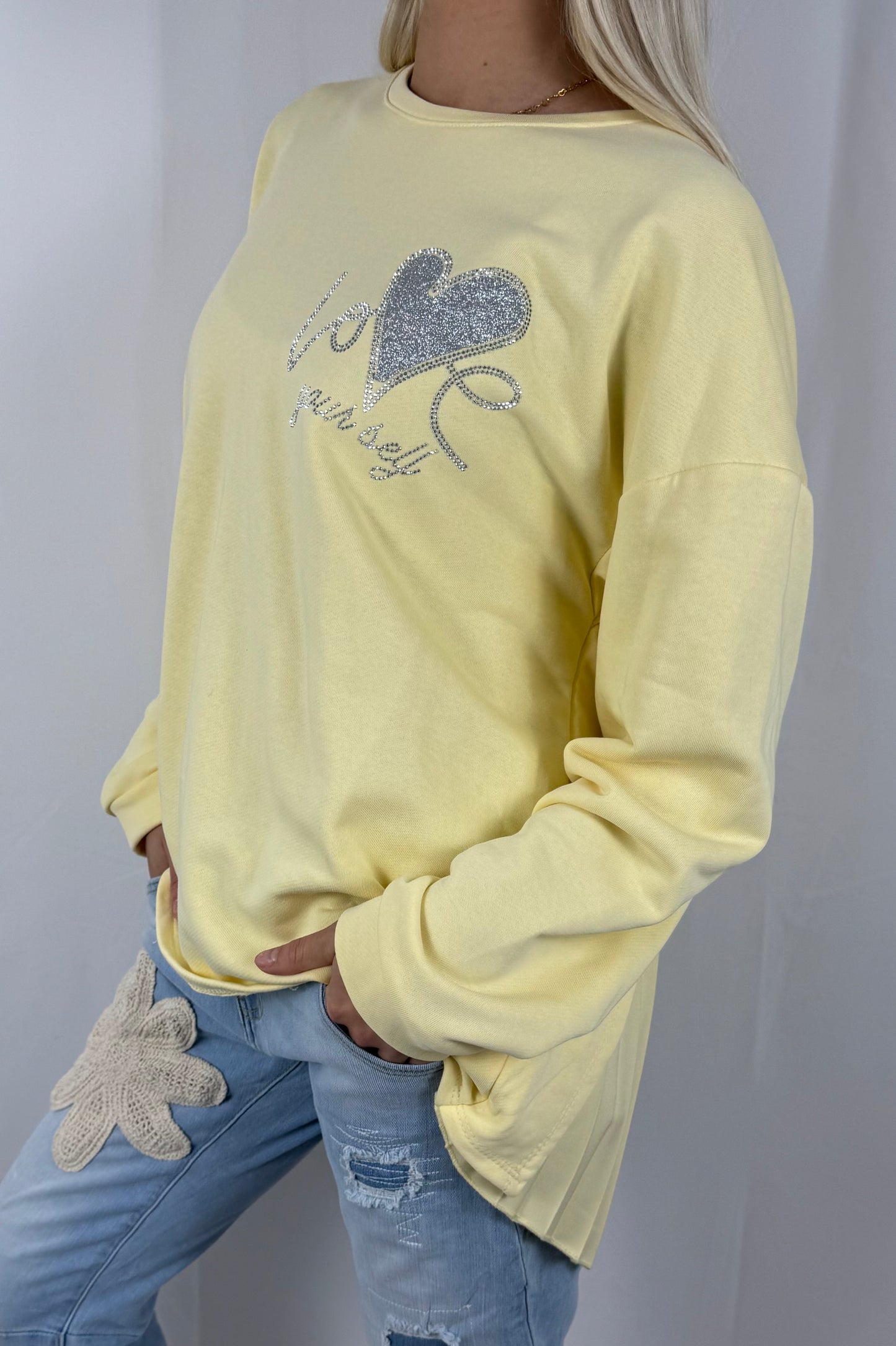 Damen Sweatshirt mit Glitzer Herz & Plissee Einsatz-Gelb