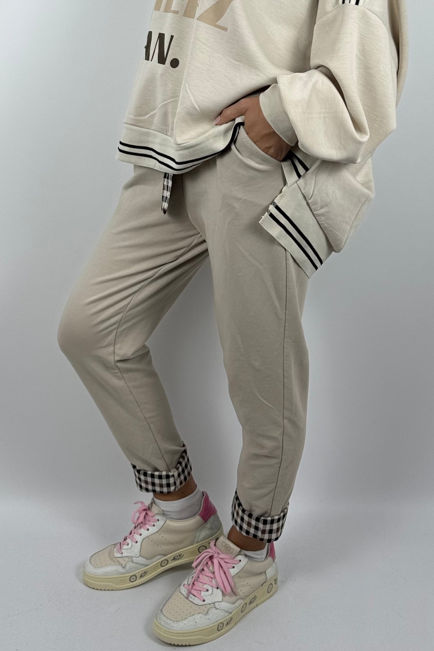 Damenhose mit Karomuster-Details & Bindegürtel-Beige