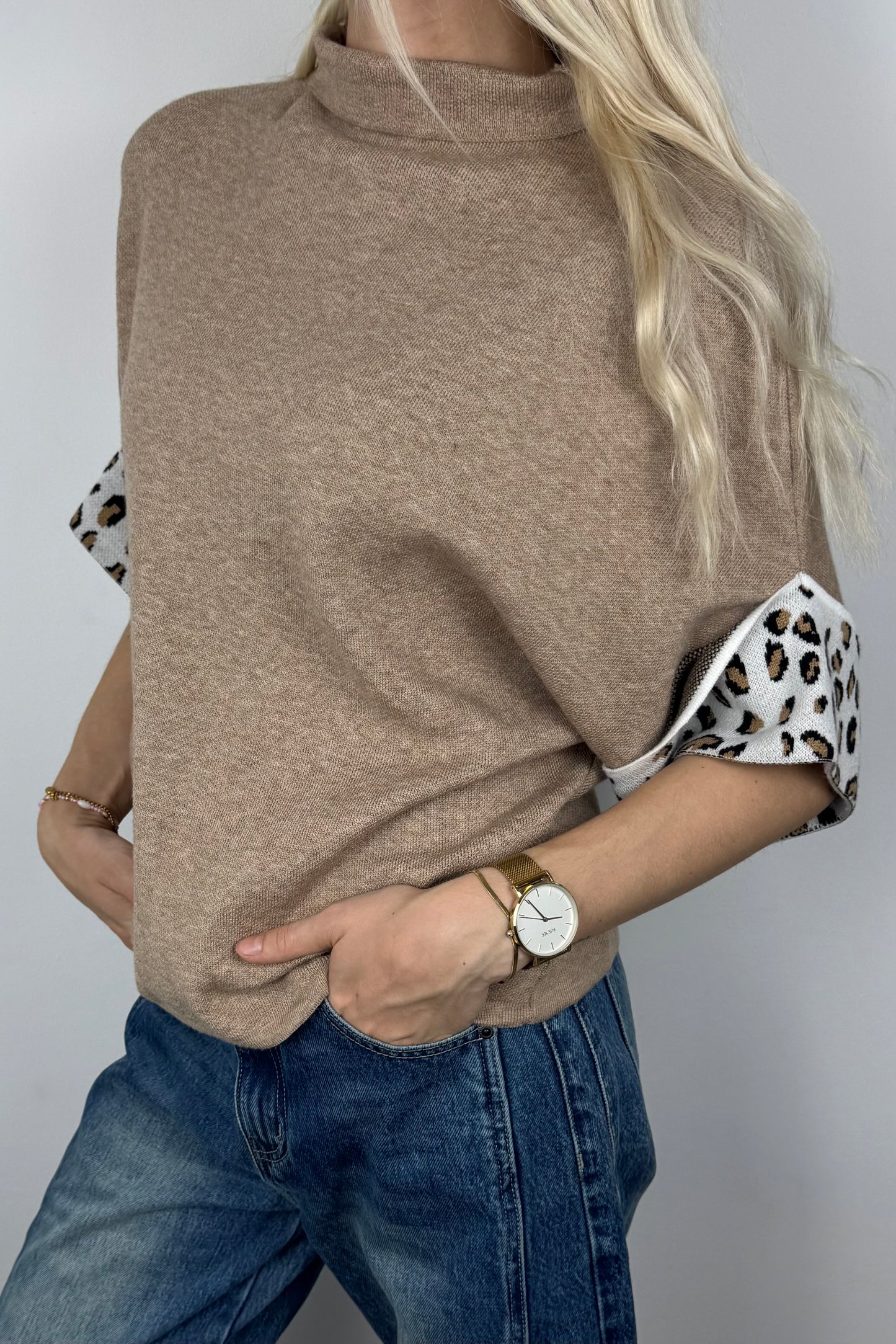 Shirt mit Stehkragen und Animal-Print-Details-Cammel