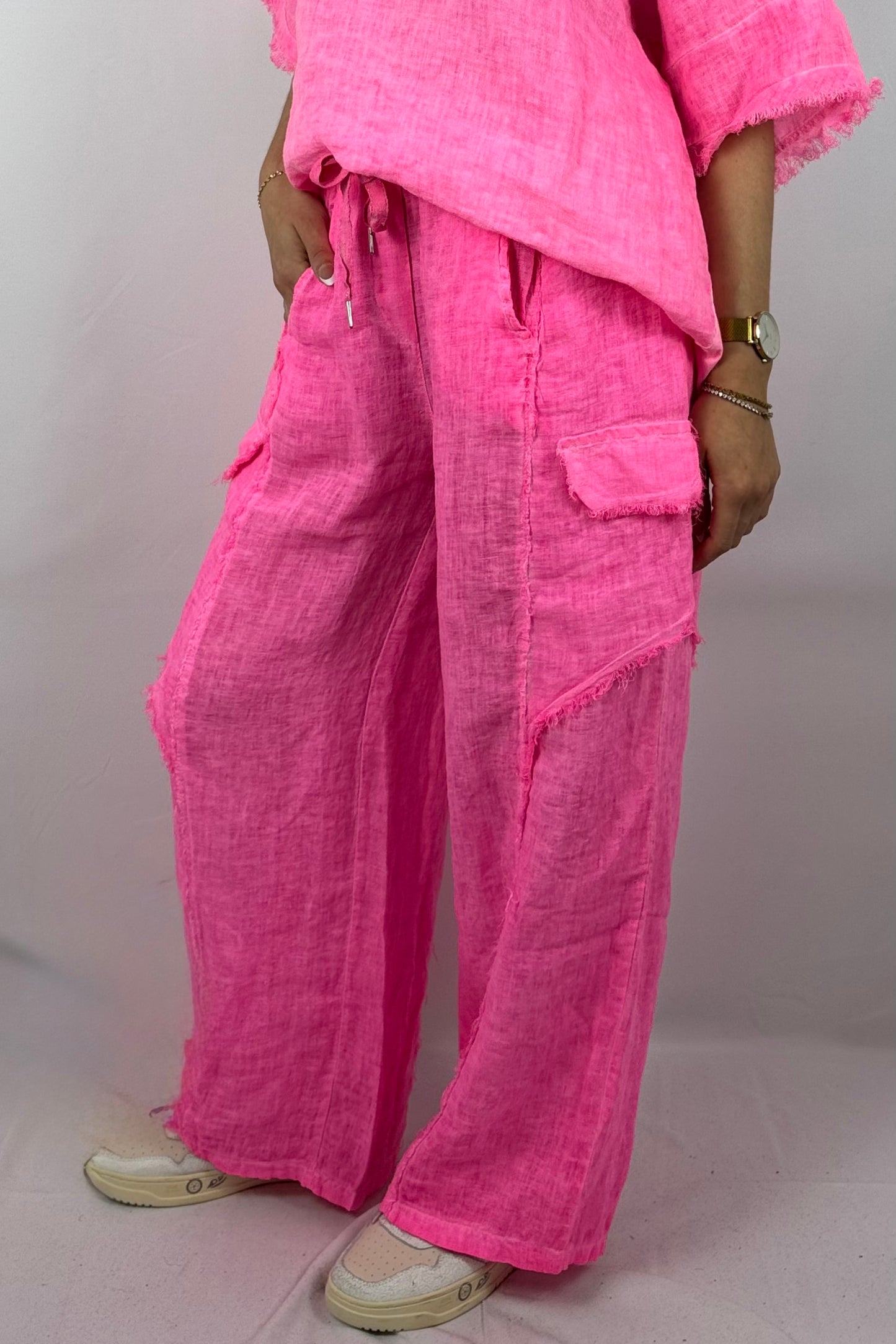 Leinenhose mit fransigen Details-Neon Pink
