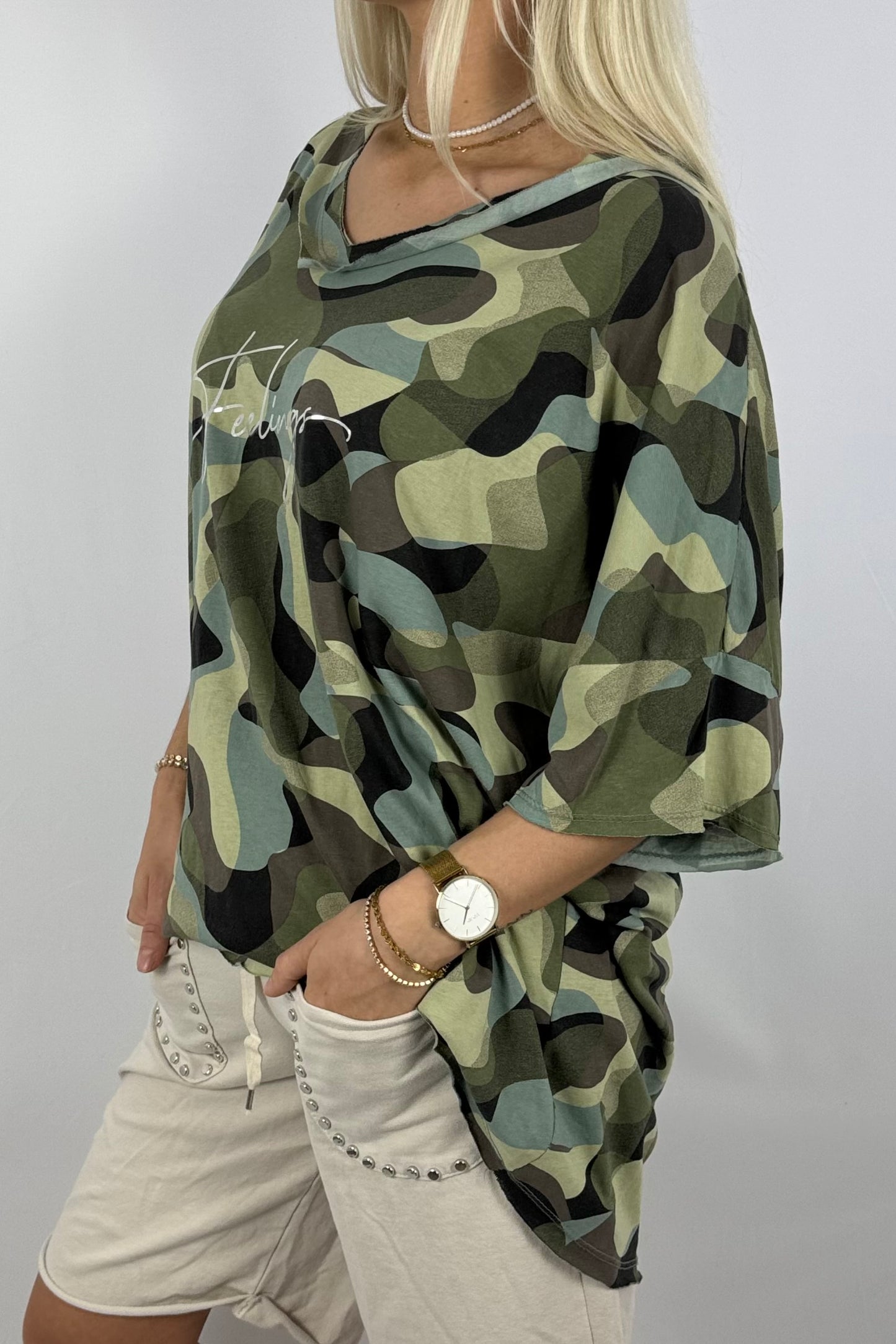 Oversize-Shirt im Camouflage-Look-Khaki