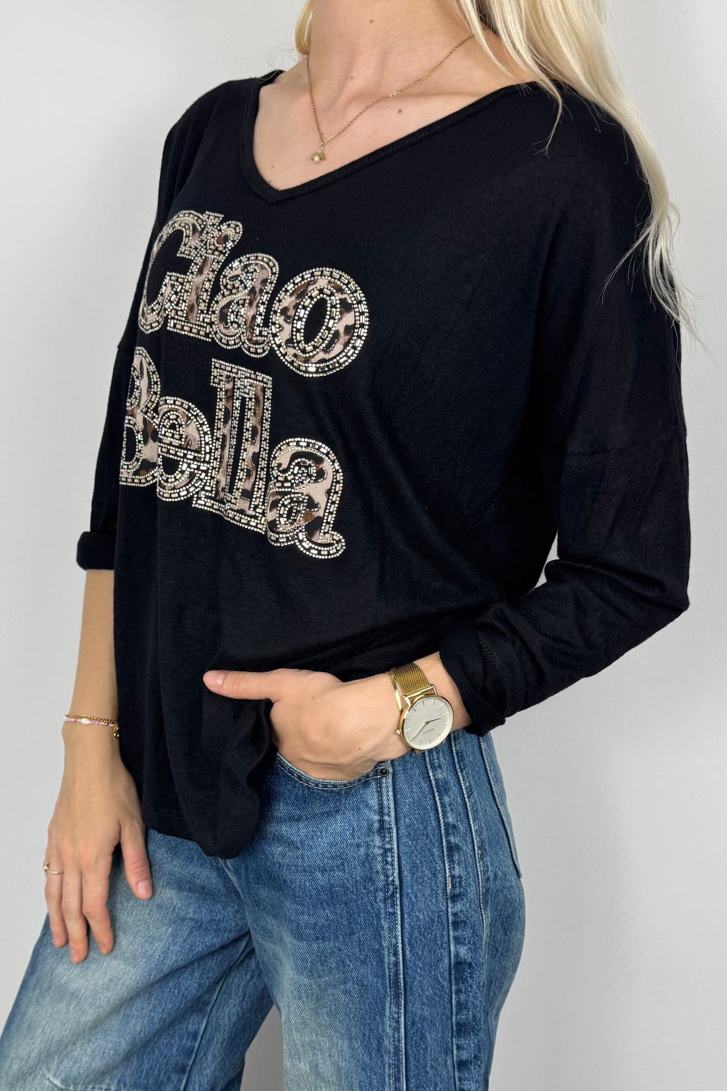 Shirt mit „Ciao Bella“ Print-Schwarz