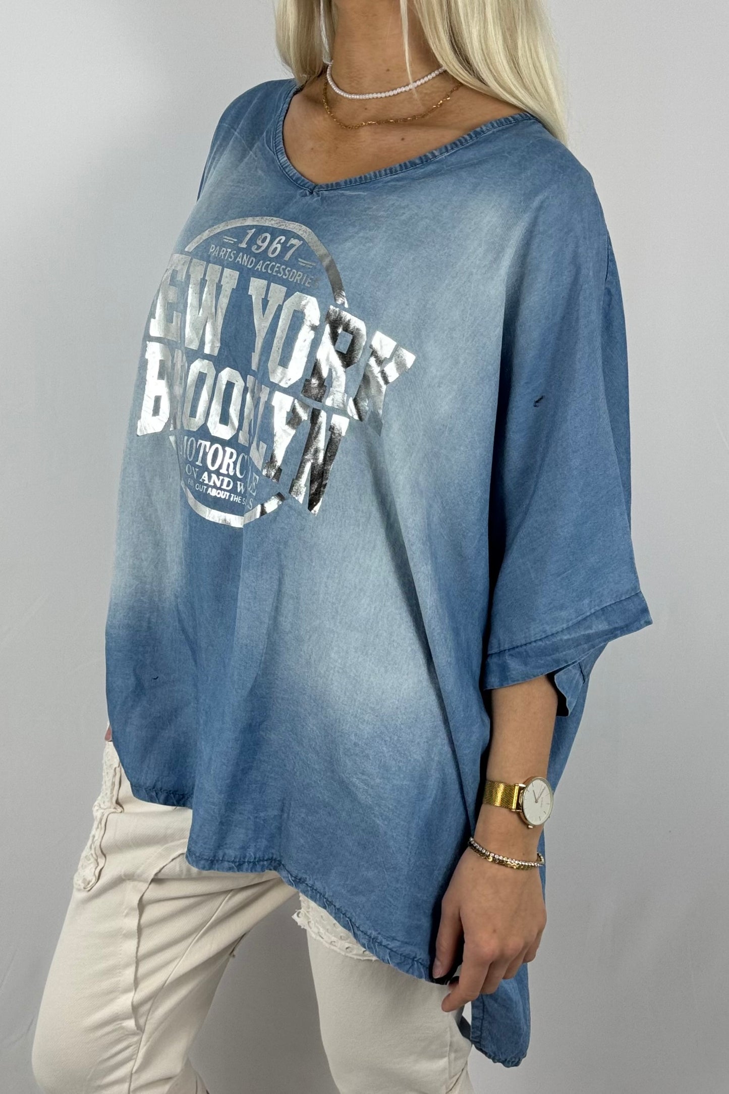 Oversize-Shirt mit V-Ausschnitt und New York Print-Blau
