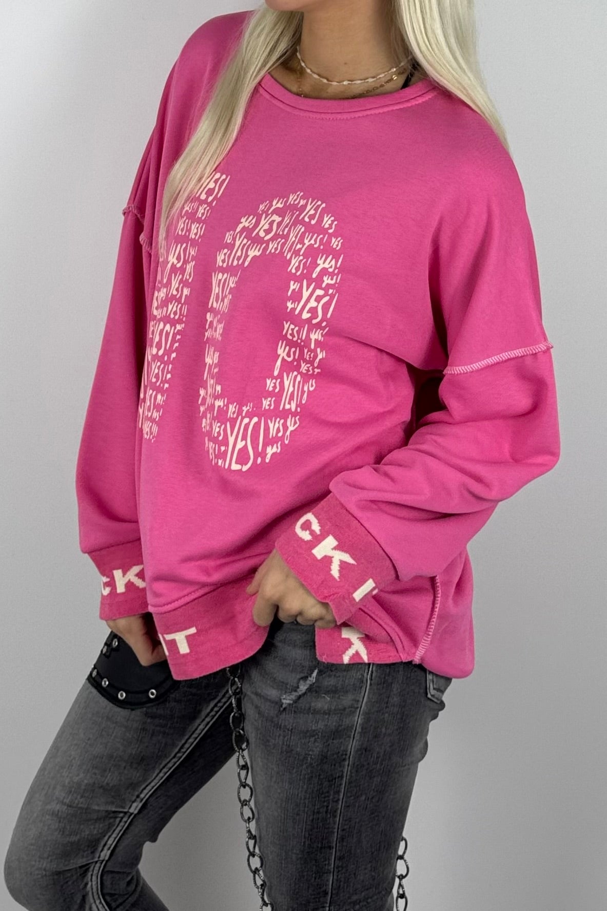 Damen-Sweatshirt mit „NO“-Print und „Rock It“-Bündchen-Pink
