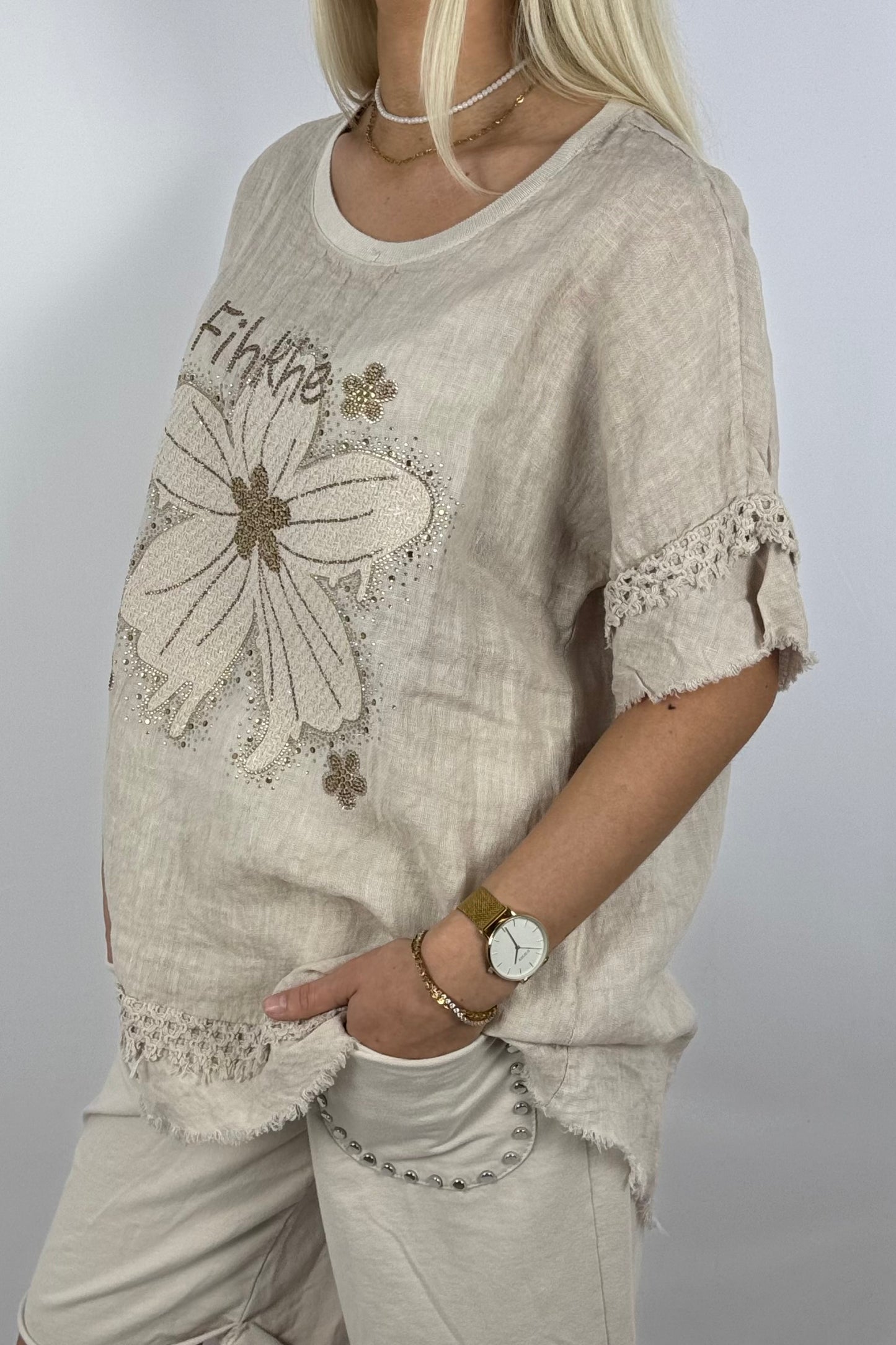 Leinen-Shirt mit Blumenprint & Häkel-Details-Beige