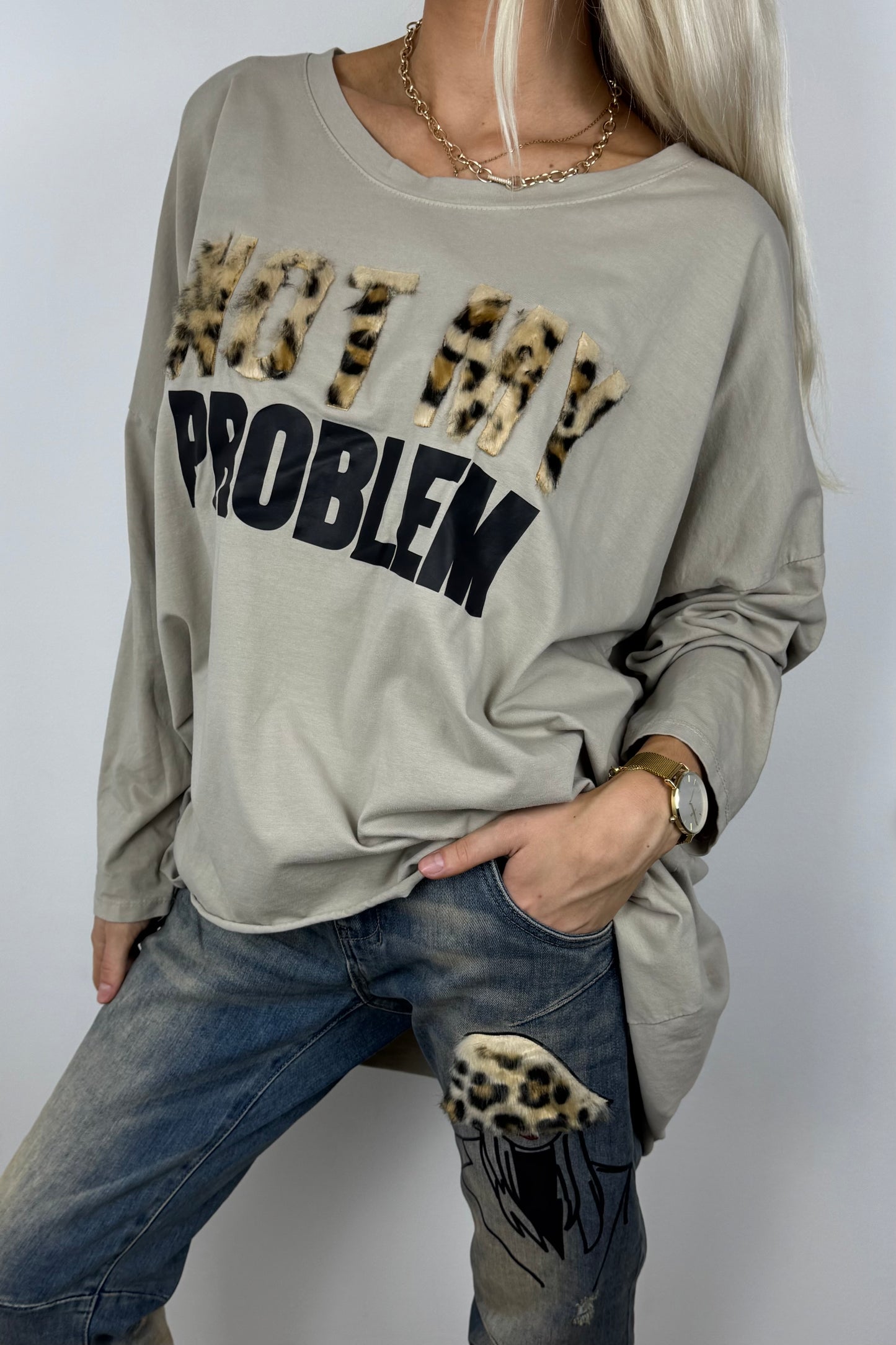 Locker geschnittenes Damen-Shirt mit Statement-Print-Beige
