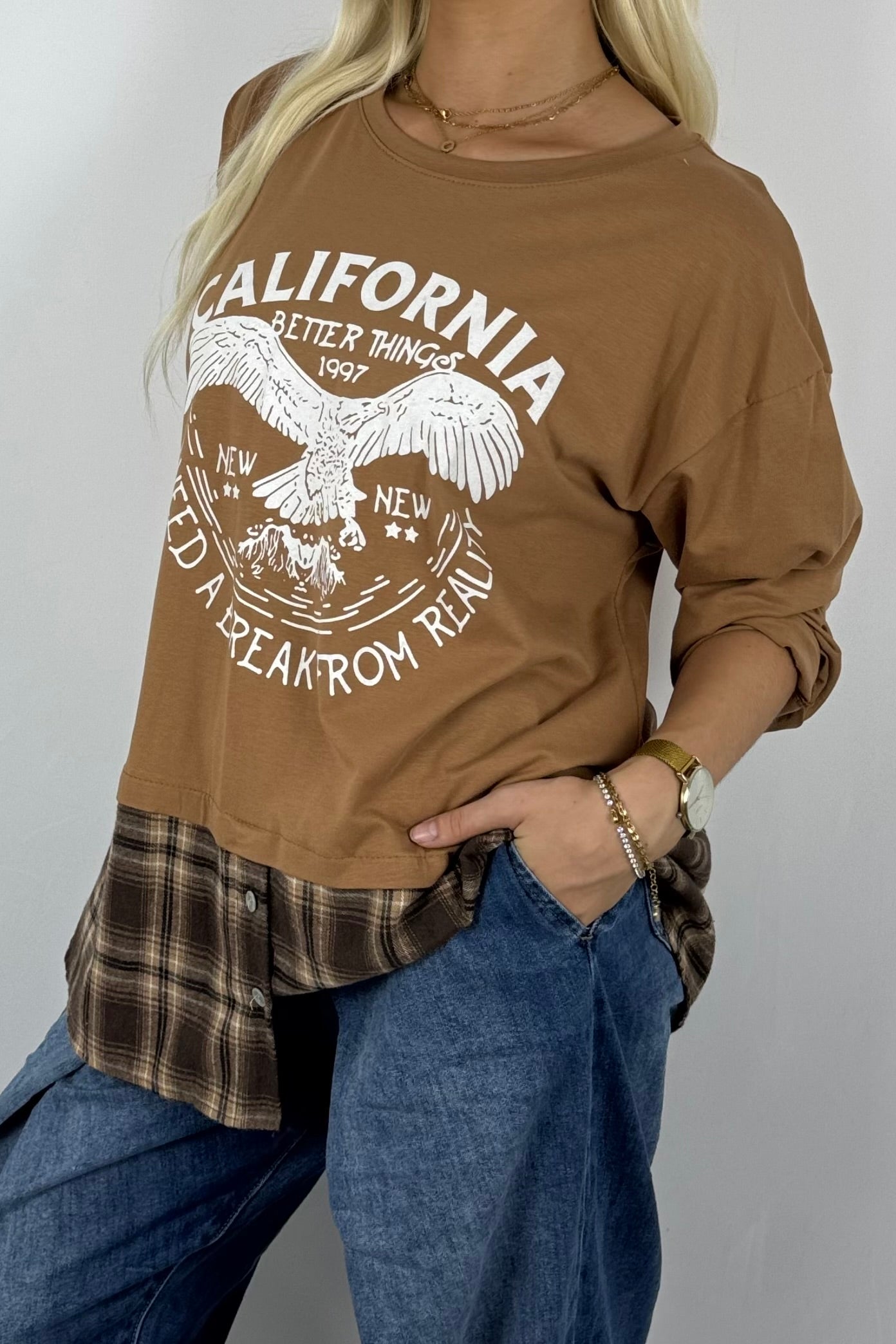 Damen Layering-Shirt „California“ – Karomuster-Look-Kamel