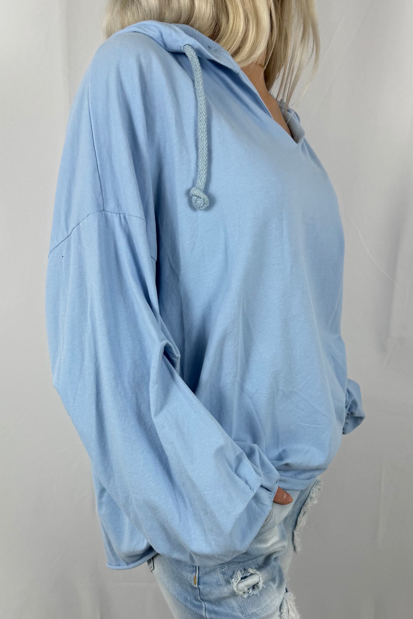 Damen Hoodie Shirt mit V-Ausschnitt –Hellblau
