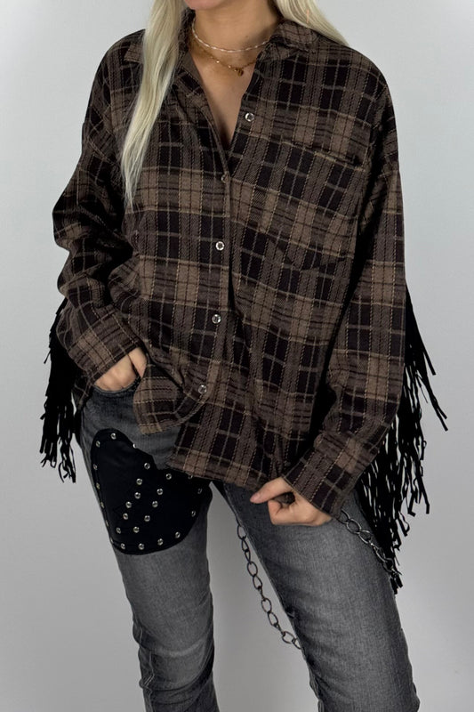 Damen-Karobluse mit Fransen-Schoko