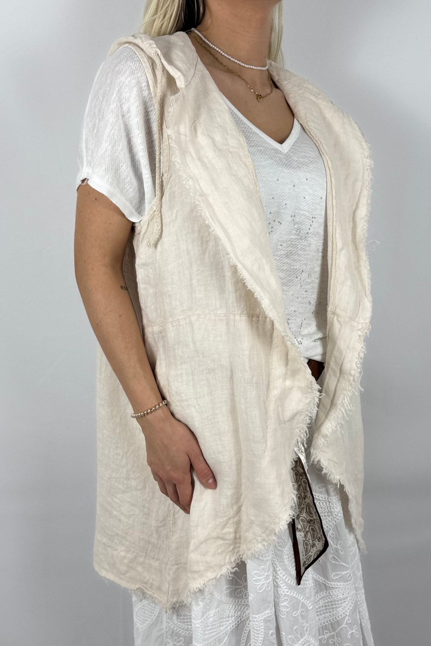 Leinen Weste mit Kapuze – luftiger Sommer Mantel-Beige