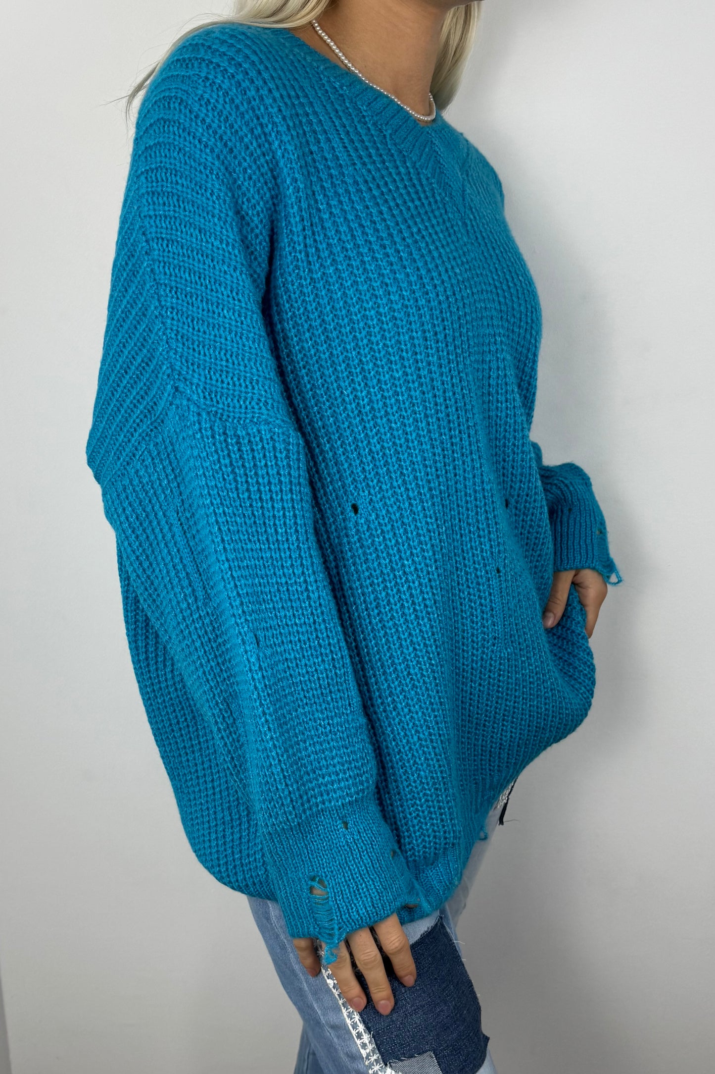 Oversize Strickpullover mit V-Ausschnitt – Turquoise