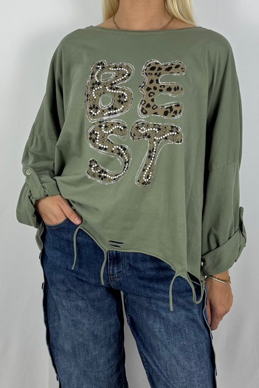 Oversize-Shirt „BEST“ mit Leo-Print und Strass-Details-Khaki