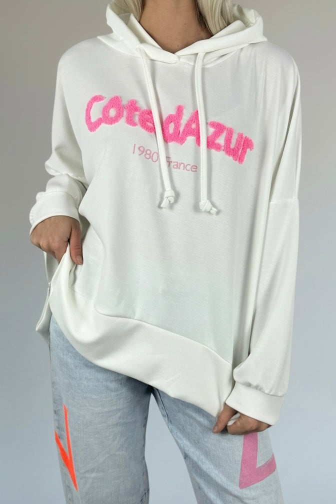 Oversize Hoodie mit Schriftzug „Côte d’Azur“-Weiß