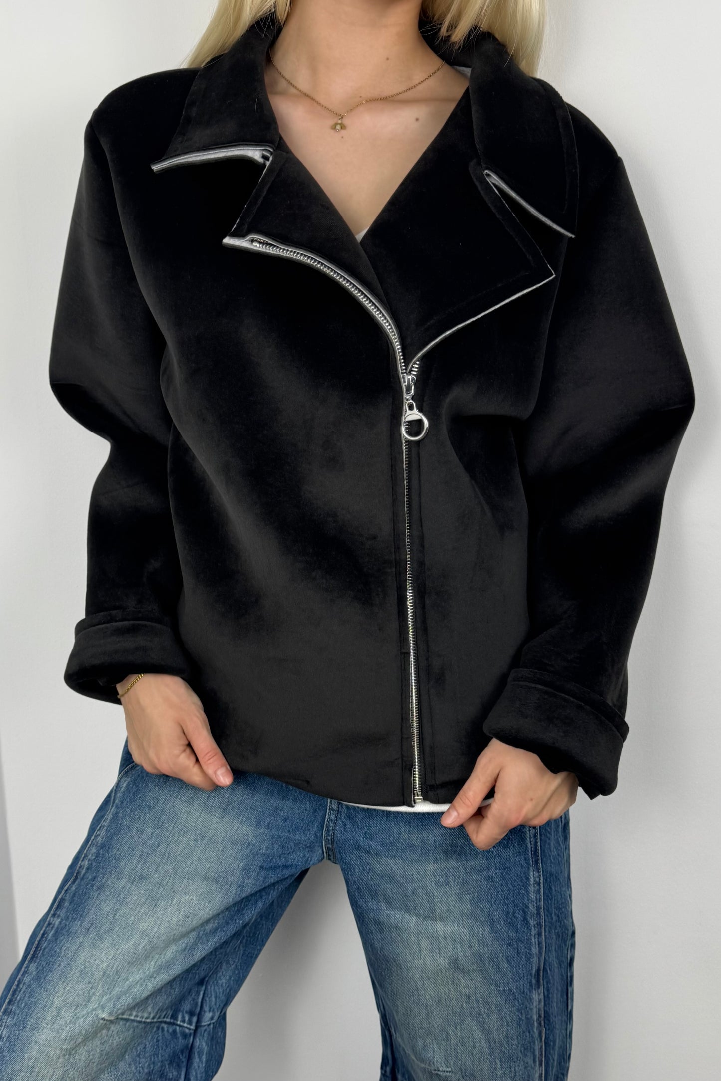 Jacke mit Reißverschluss und Rock & Roll Print-Schwarz