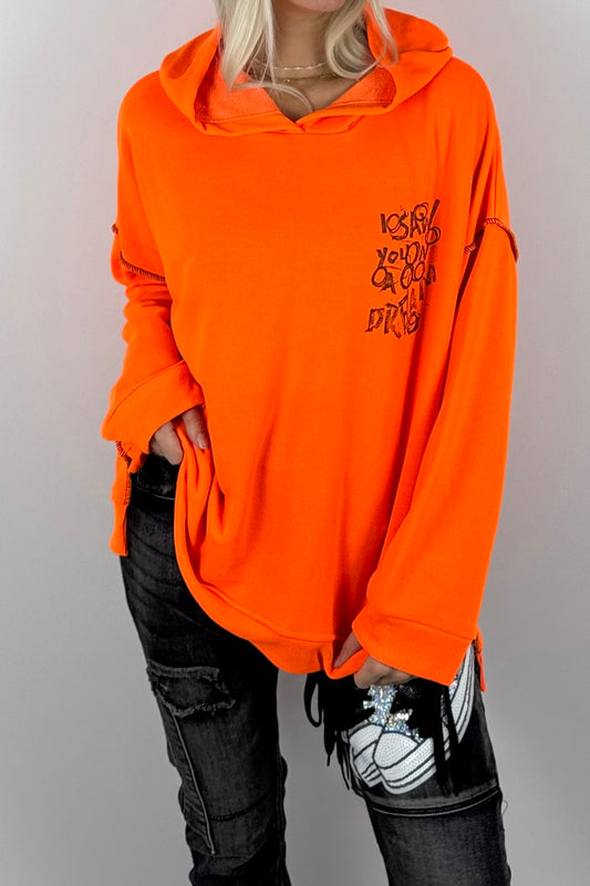Damen-Hoodie mit Schriftprint und Ziernähten-Neon Orange