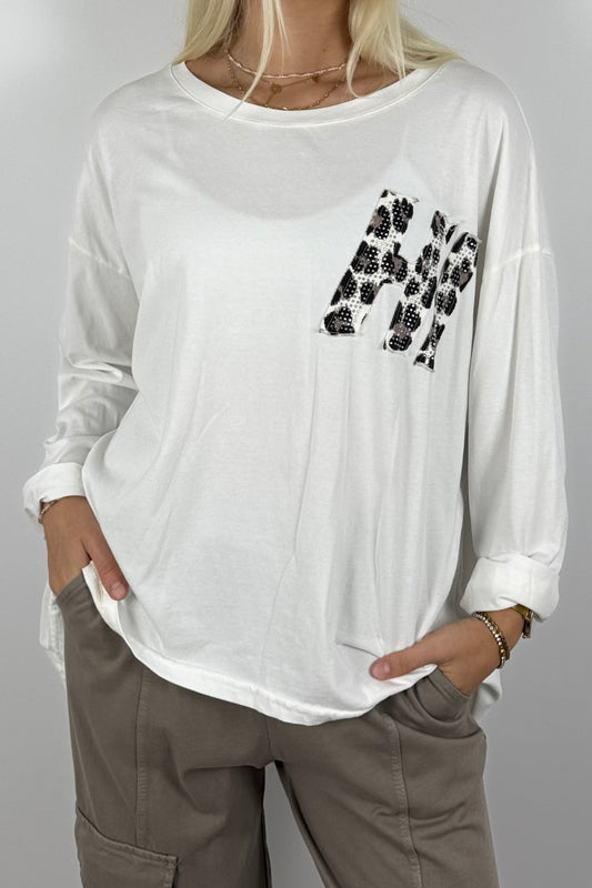 Oversize Longshirt mit Leo-Detail –Weiß