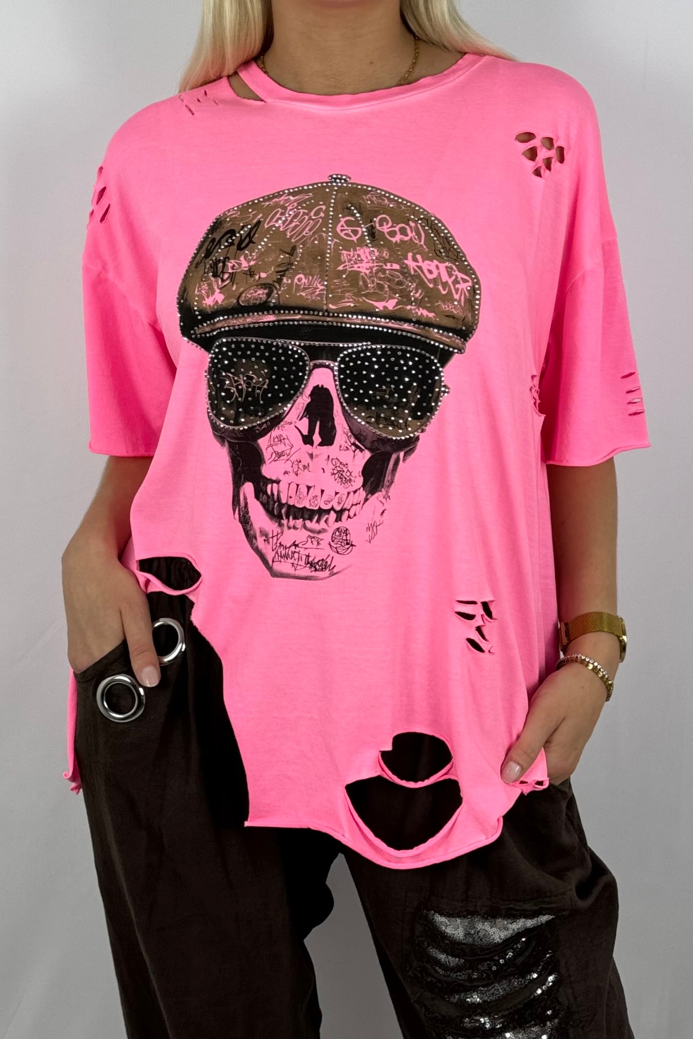 Oversize Shirt mit Skull-Print & Destroyed-Look-Neon Pink