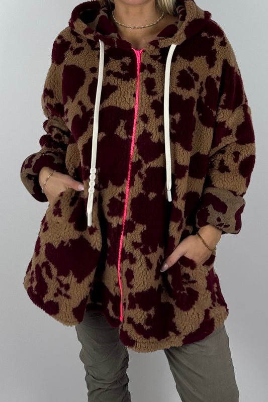 Damen Teddyjacke mit Kapuze-Bordeaux
