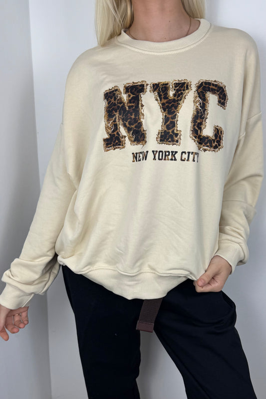 Sweatshirt mit NYC-Applikation-Beige