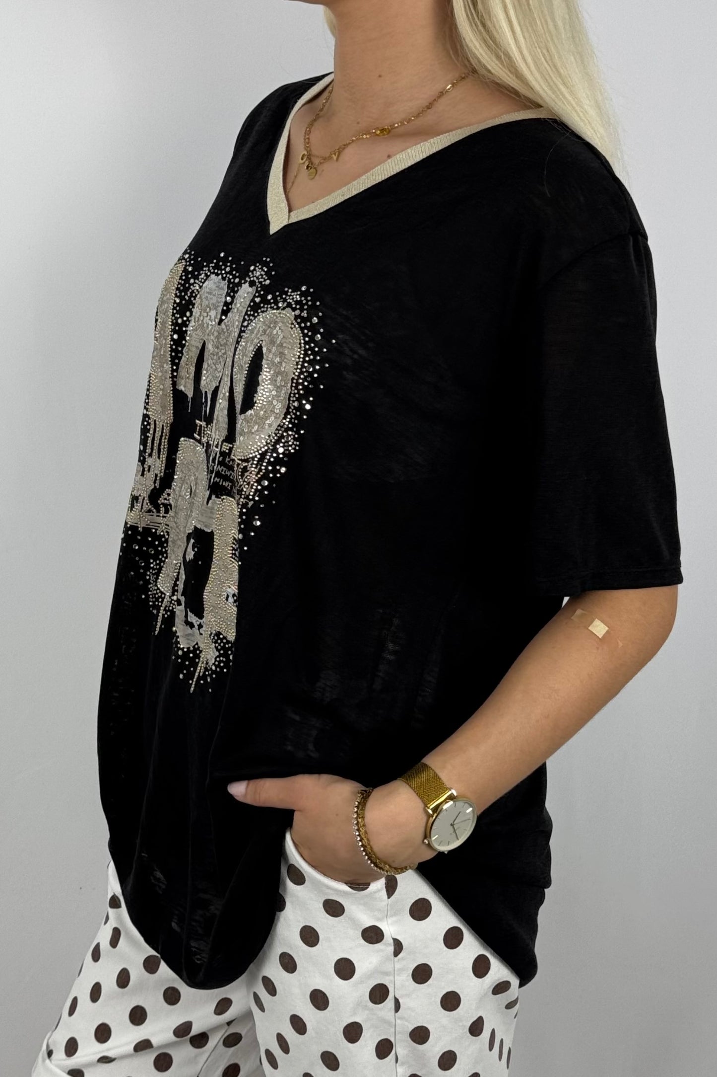 Shirt „AMORE“ mit Glitzer-Print-Schwarz
