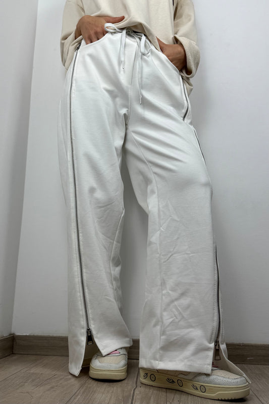 Damen Hose mit seitlichen Reißverschlüssen und elastischem Bund –Weiß