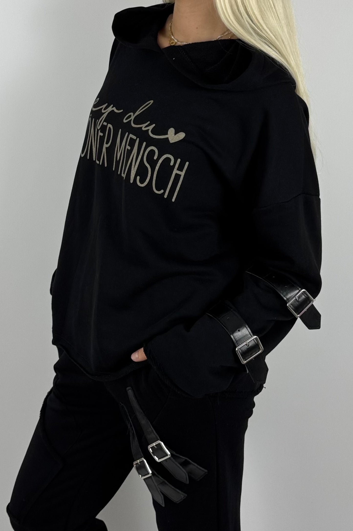 Oversize Hoodie „Hey du schöner Mensch“ mit Kapuze – Schwarz
