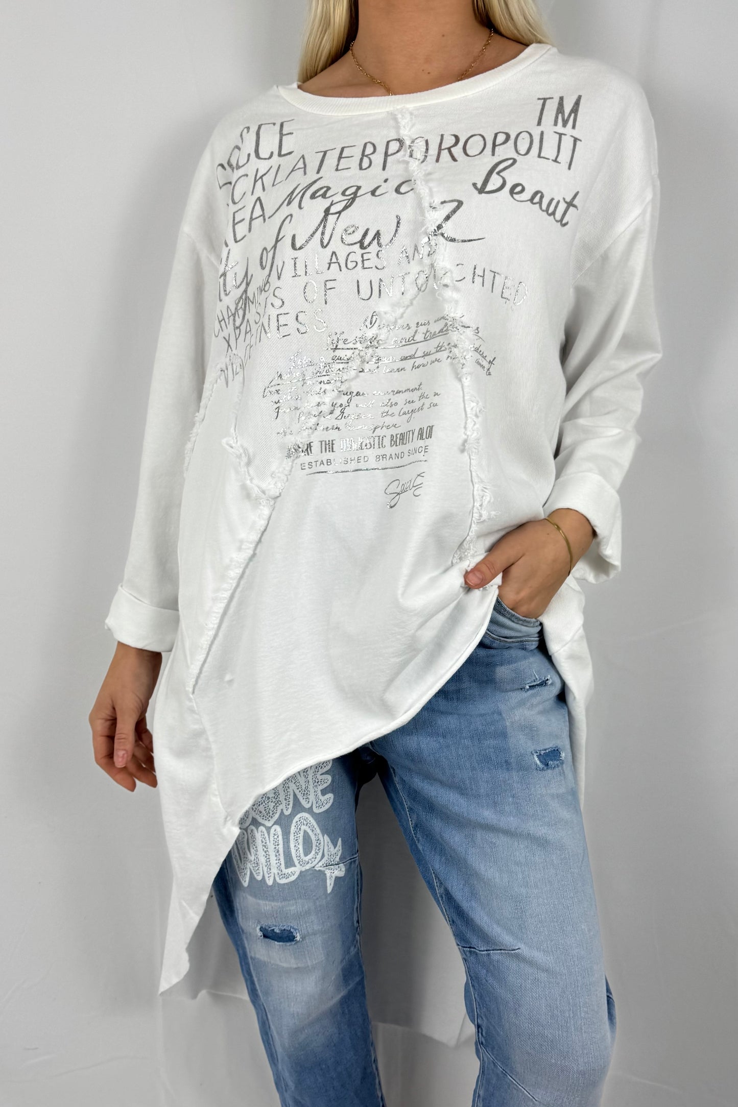Damen Oversize Longshirt mit Schrift Print-Weiß