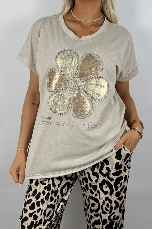 Shirt mit Blumen-Motiv und Strassdetails-Beige