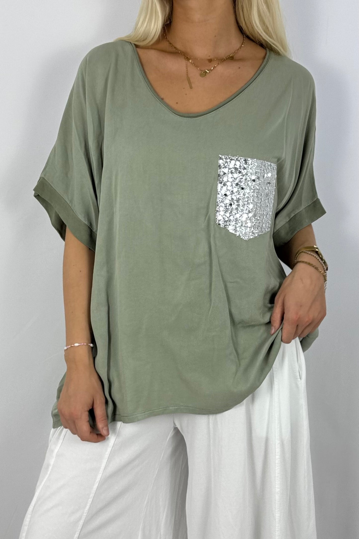 Oversize Shirt mit Pailletten-Brusttasche-Khaki