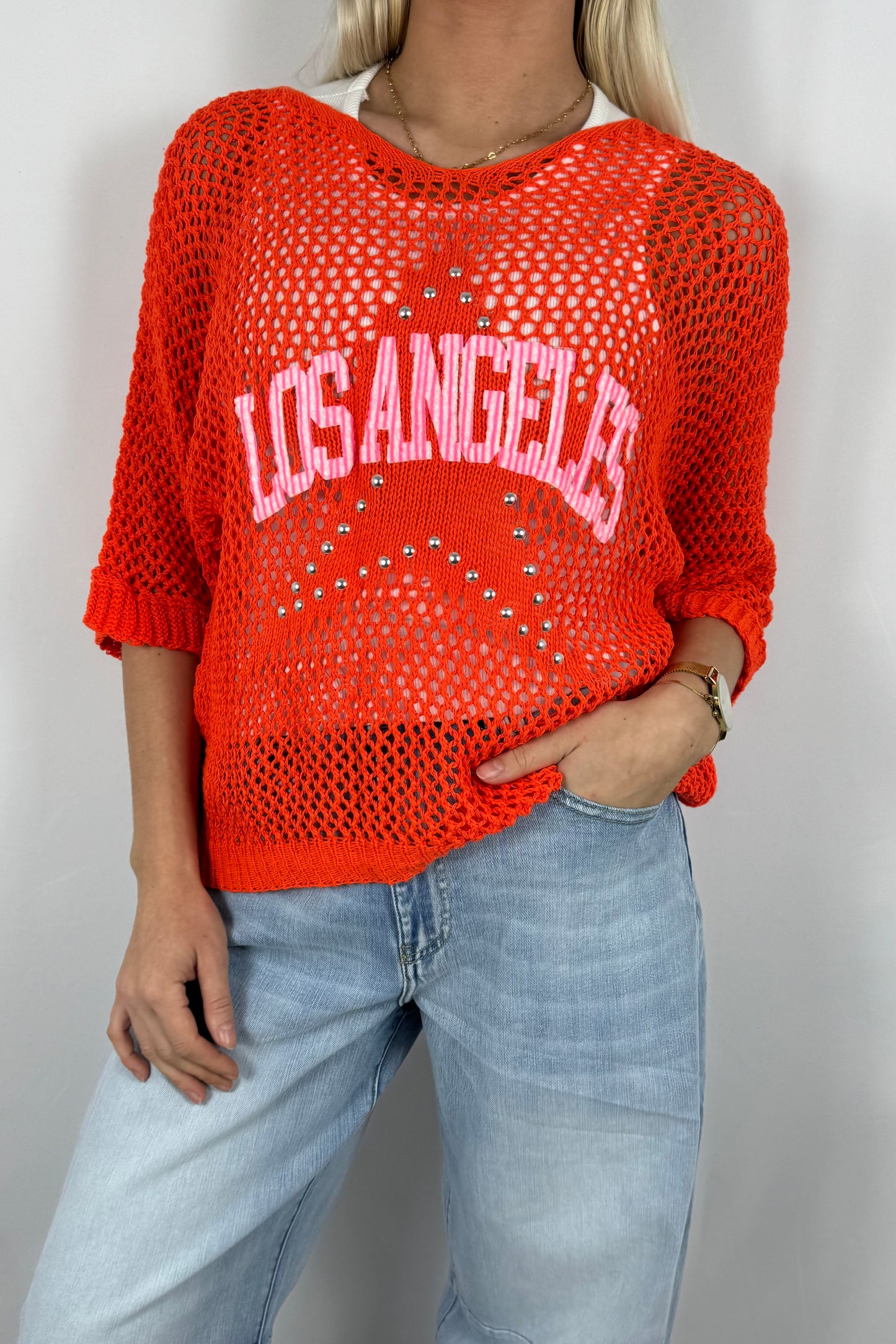 Damen Strickshirt „Los Angeles“ mit Strass-Orange