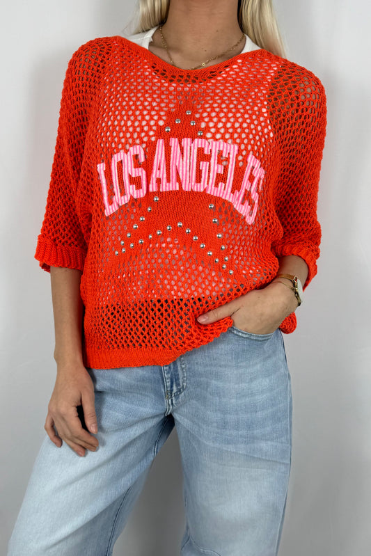 Damen Strickshirt „Los Angeles“ mit Strass-Orange