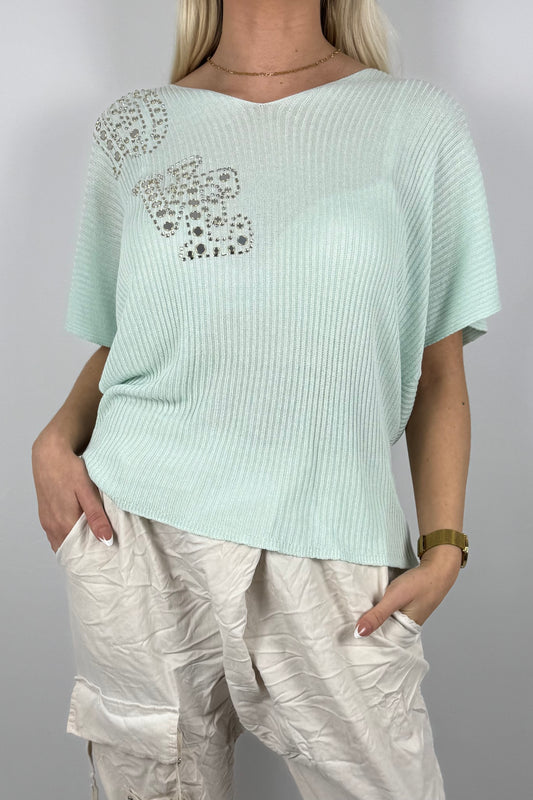 Strickshirt LOVE mit Glitzersteinen Damen-Mint