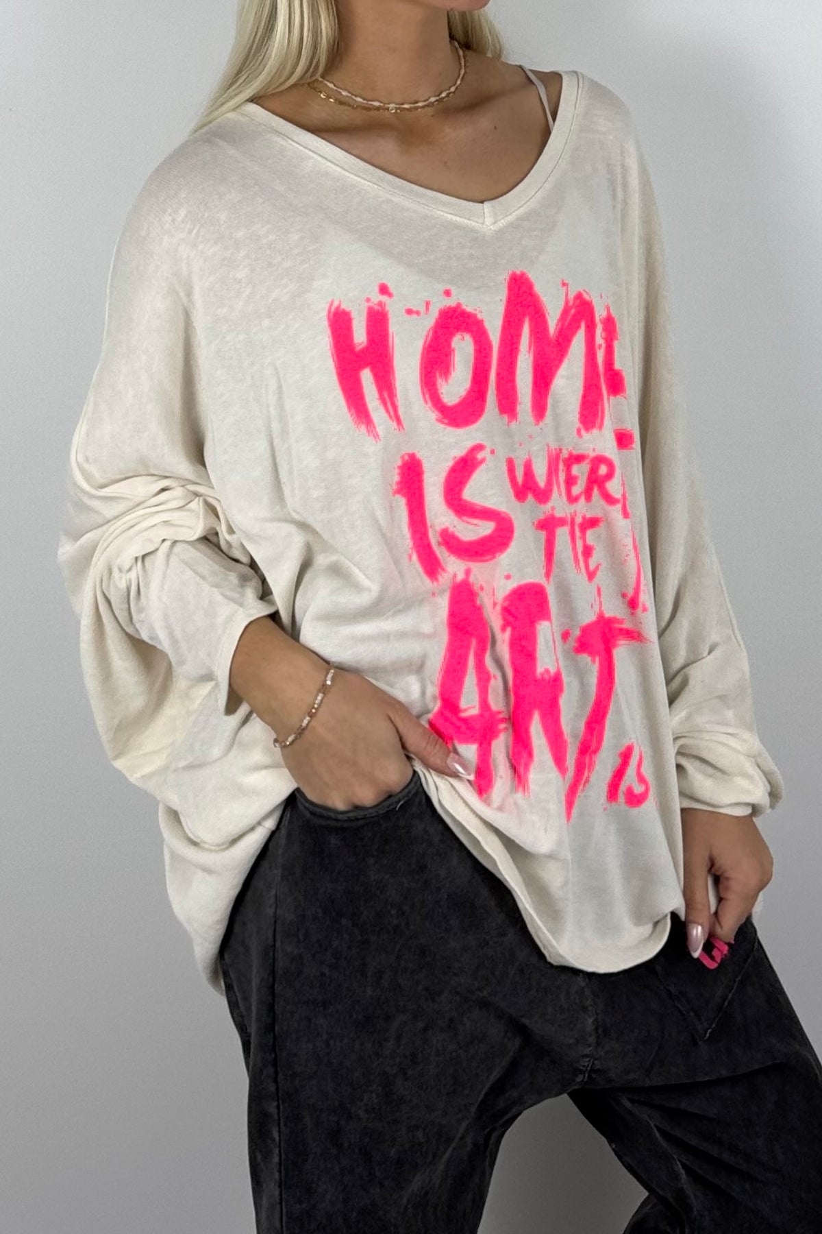 Damen Oversize-Shirt mit Statement-Print-Weiß