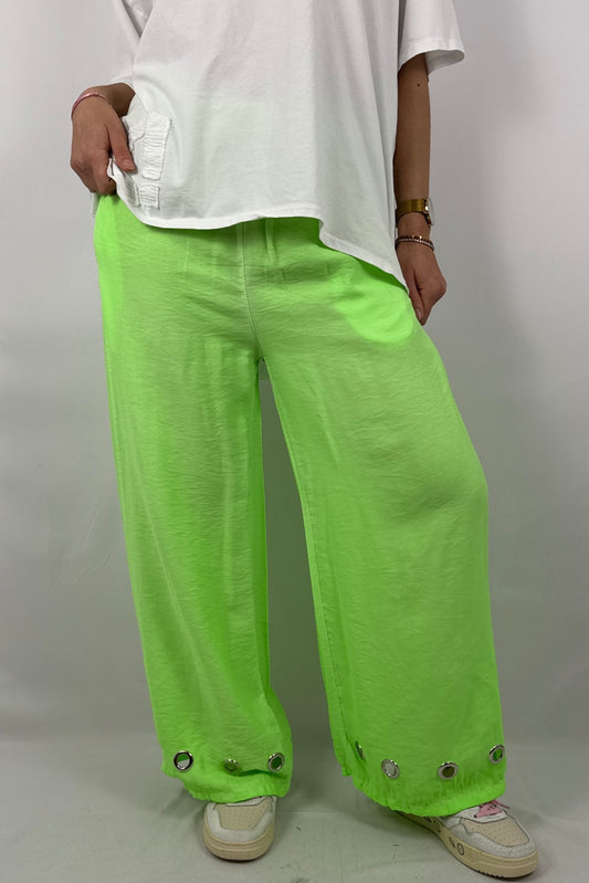 Damen Hose mit weitem Bein und Ösen Details - Neon grün