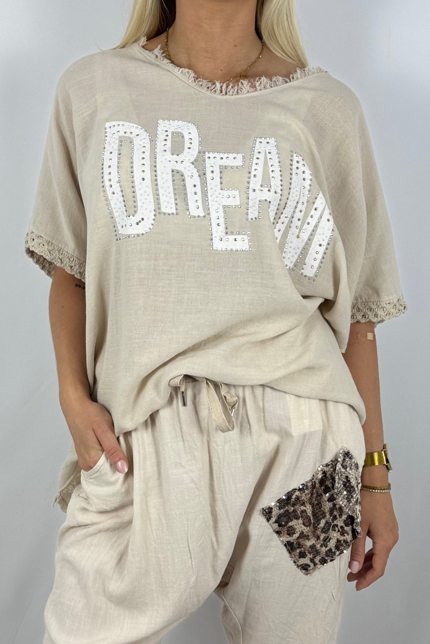 Leinen-Shirt „DREAM“ mit Strassdetails-Beige