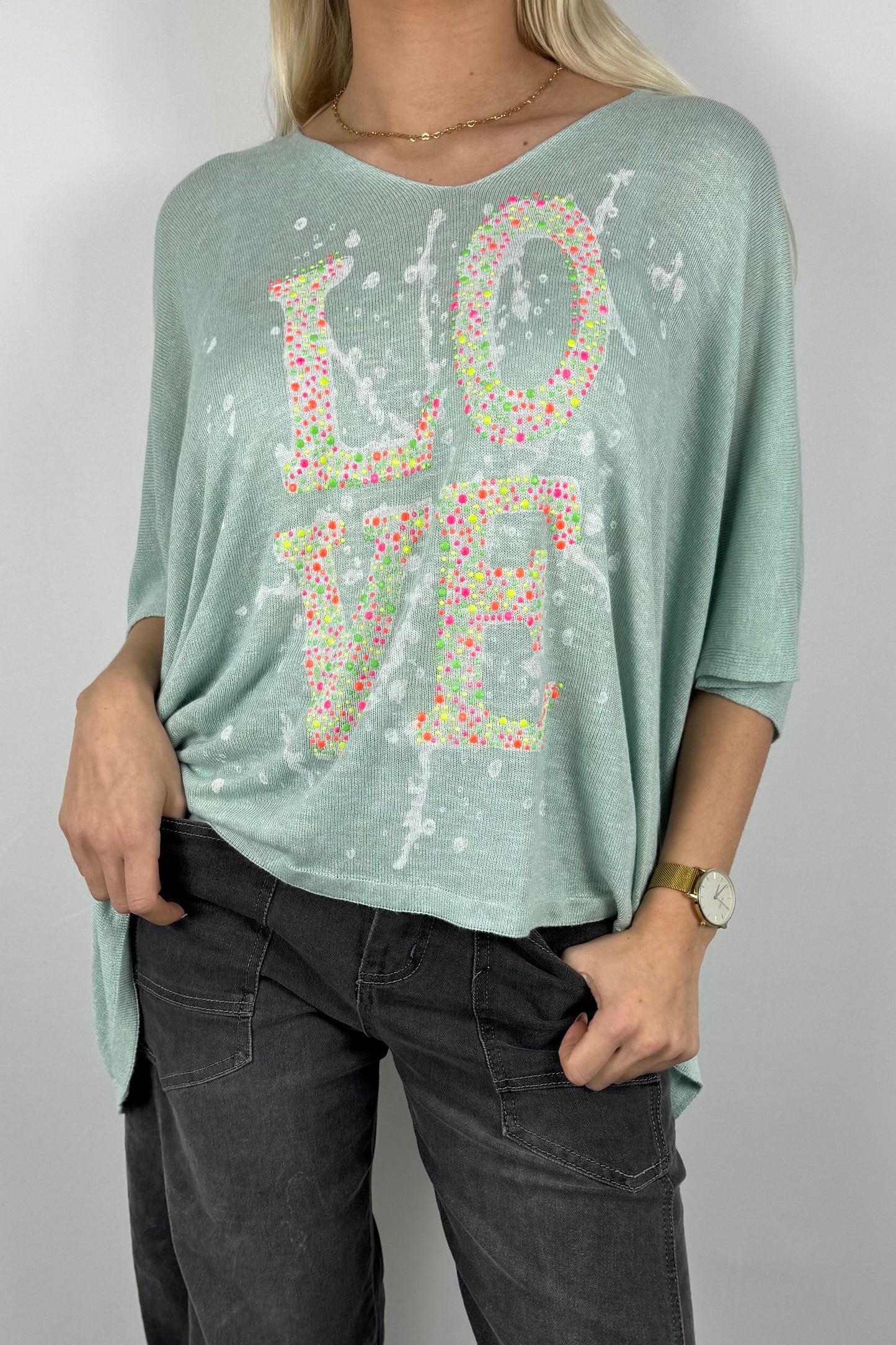 Strickshirt LOVE mit Strass Details Damen-Mint