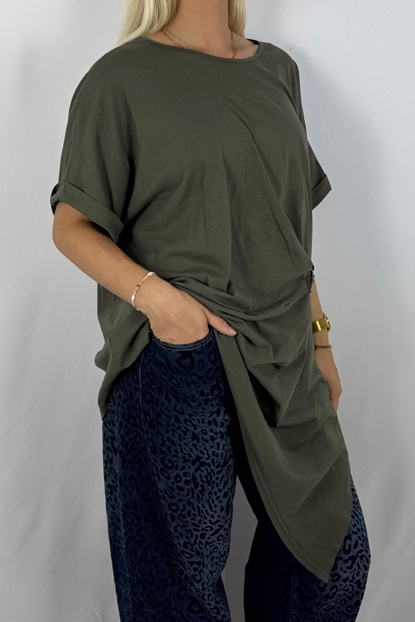 Damen Longshirt mit Schnalle – Oversize-Khaki